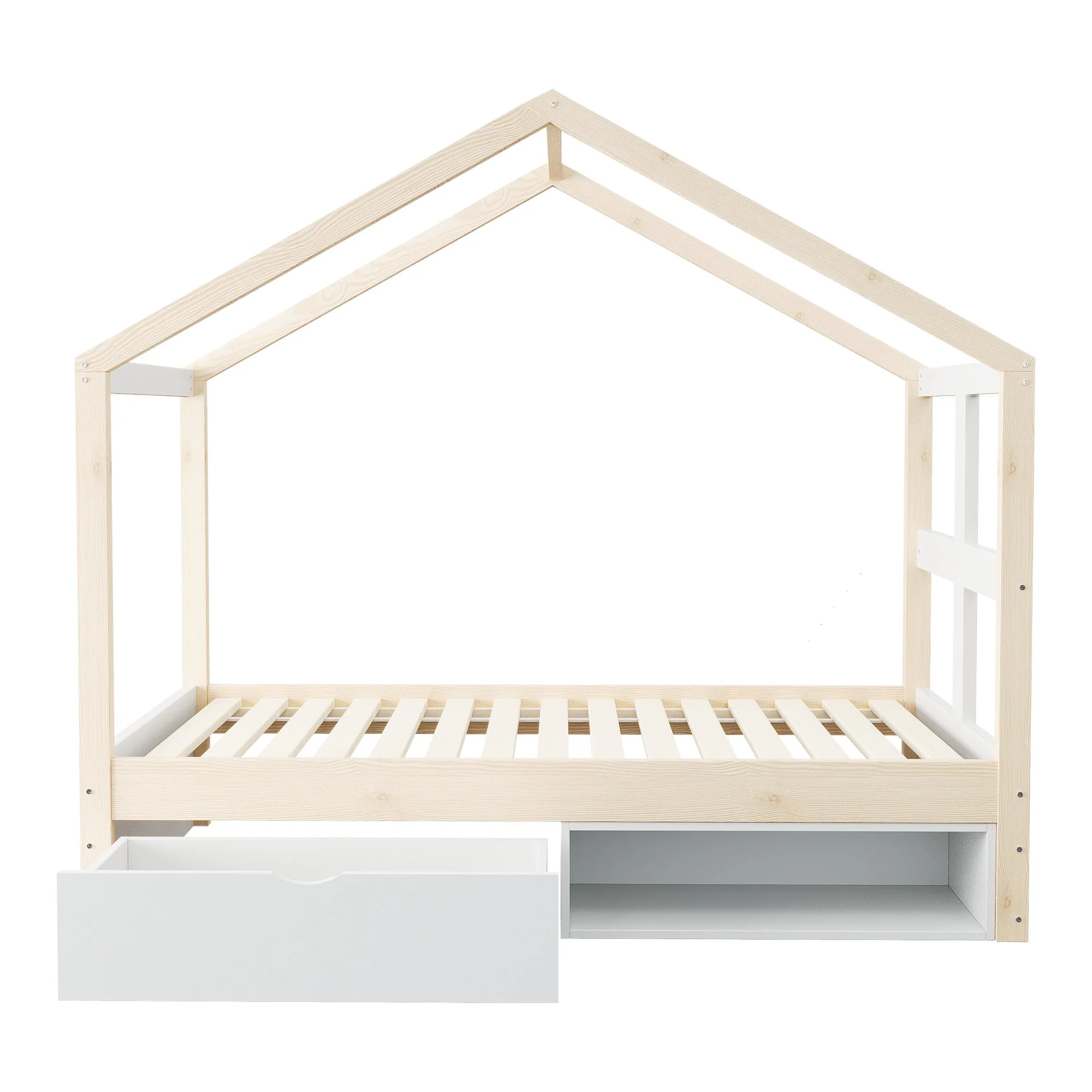Wooden Bed with Drawers, Shoe Cabinet and LED Lighting, 90x190cm, Wood Color - Image 6