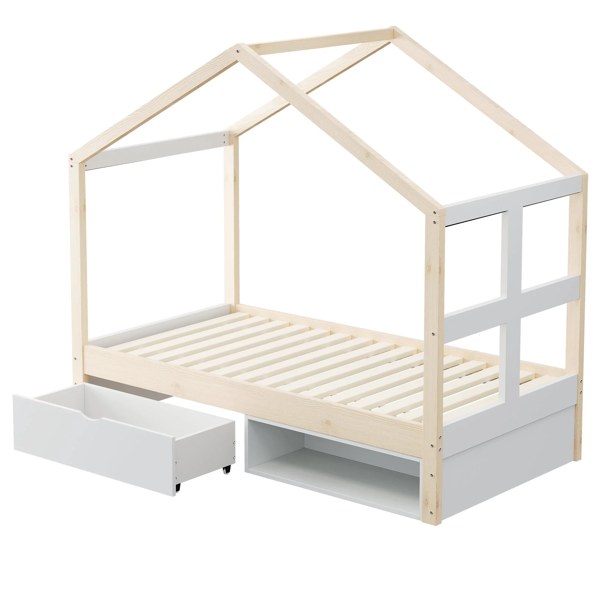 Wooden Bed with Drawers, Shoe Cabinet and LED Lighting, 90x190cm, Wood Color - Image 9