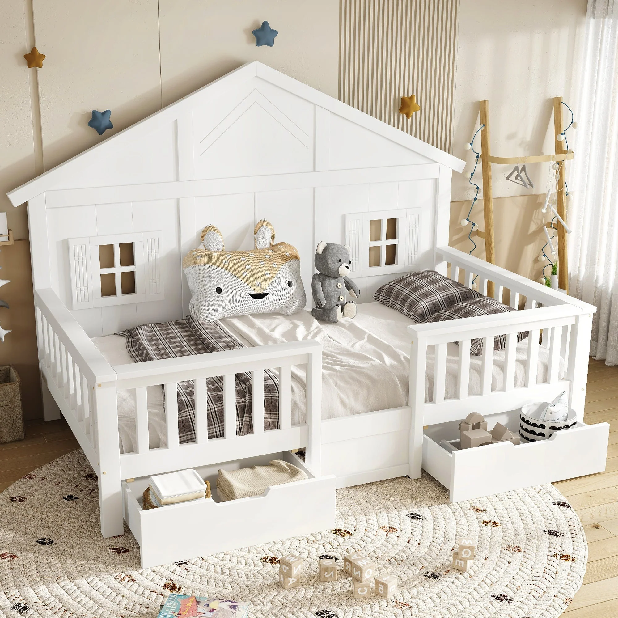 Wooden Bed with Two Drawers, Windows, and Roof, 90x200cm, White Pine + MDF + Plywood - Image 6
