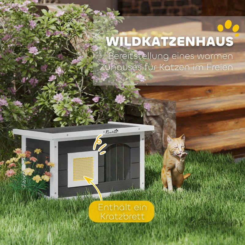 Wooden Cat House, Scratching Mat, Weatherproof, Indoor/Outdoor, Grey - Image 4