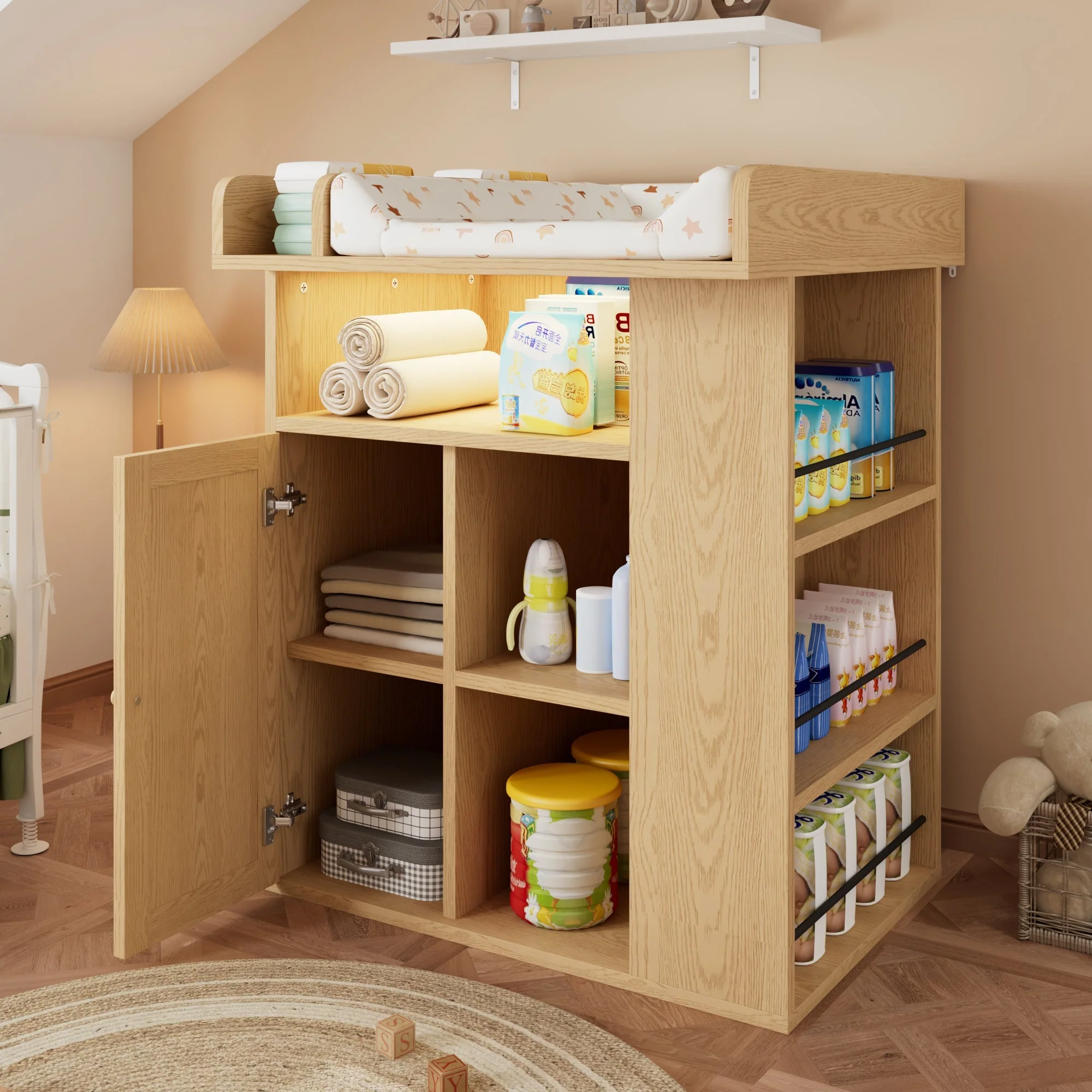 Wooden Changing Table with LED Lighting, Storage and Divider, Natural Wood