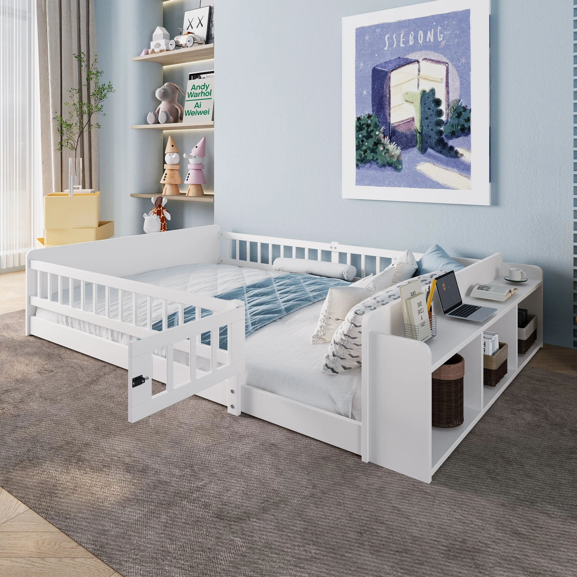 Wooden Children's Bed 140x200cm Open Storage Shelves Pine Wood - White