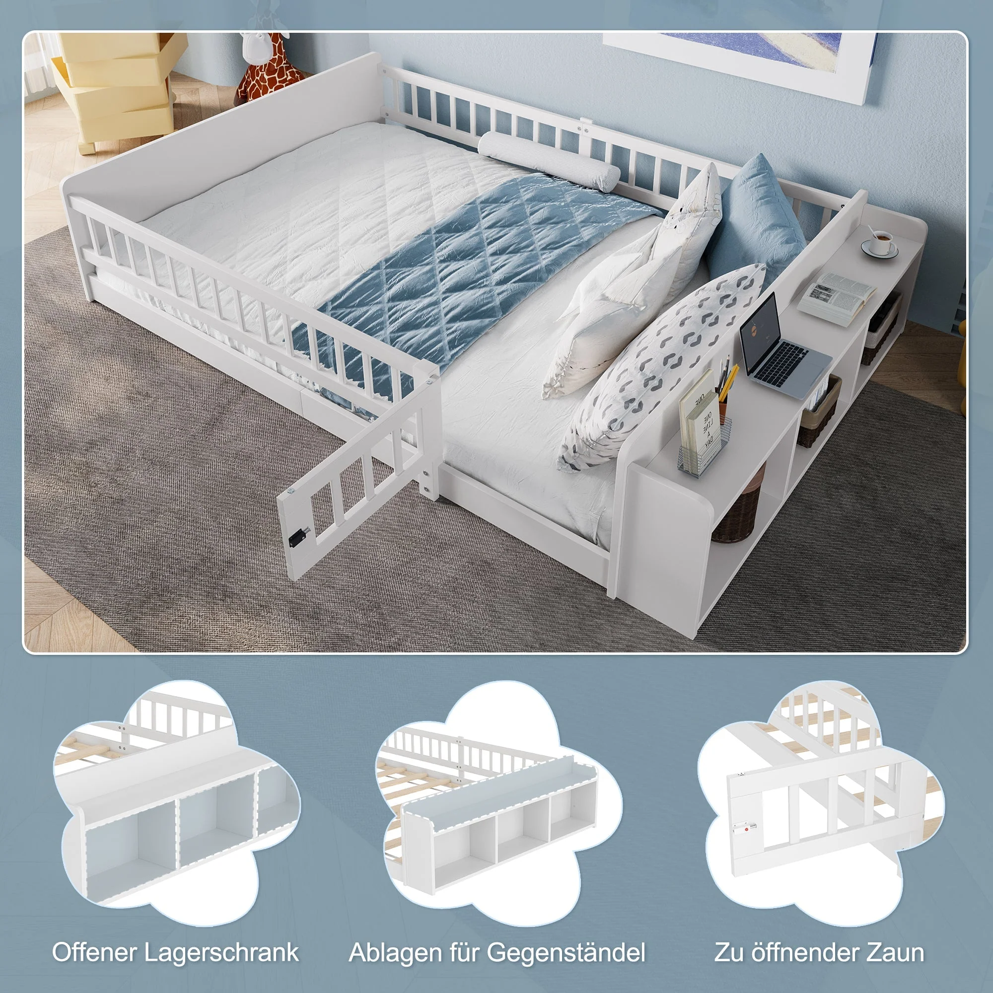 Wooden Children's Bed 140x200cm Open Storage Shelves Pine Wood - White - Image 6