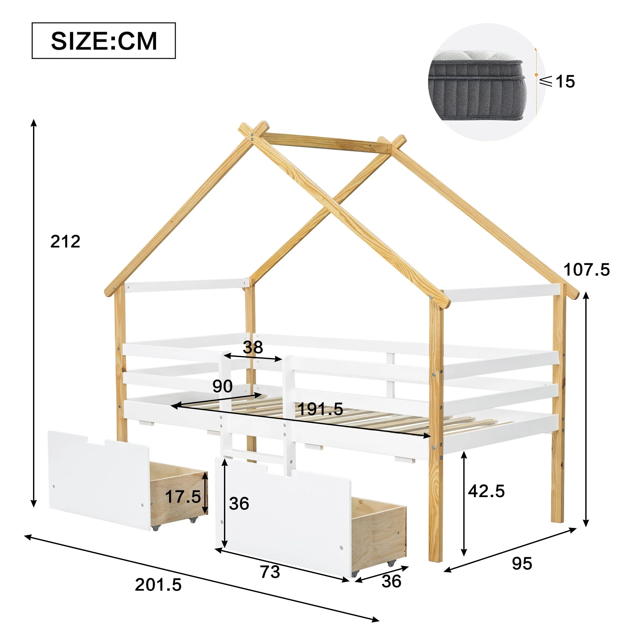 Wooden Children's Bed 3ft Single 90x190cm with Safety Guardrail, Storage Drawers, Imitation Roof Shape, White & Natural - Image 4