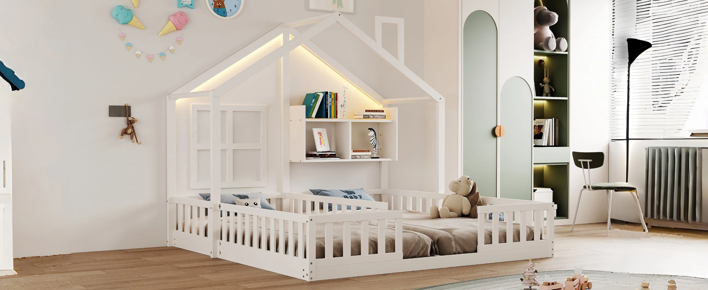Wooden Children's Bed 90x200cm House Design LED Lighting Storage White - Image 8