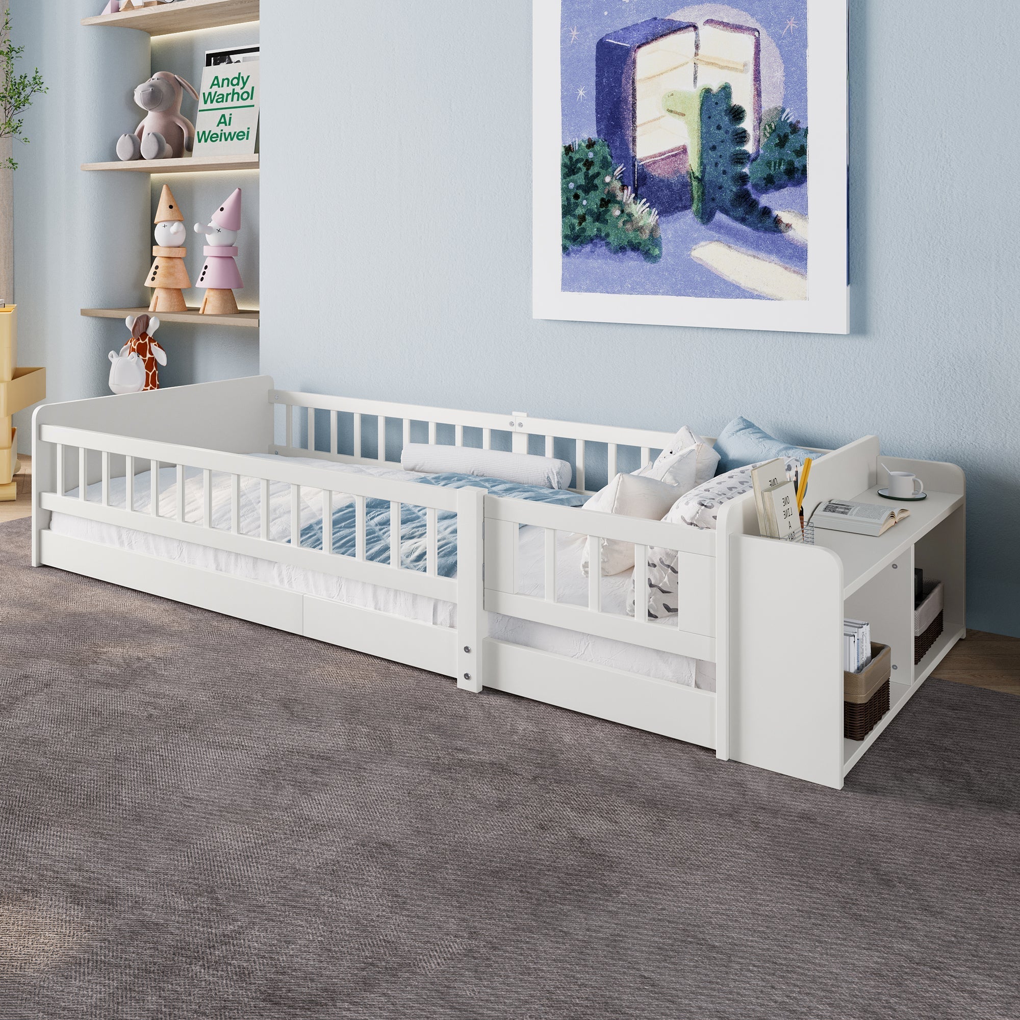 Wooden Children's Bed 90x200cm Open Storage Shelves and Case White Pine Wood - Image 5