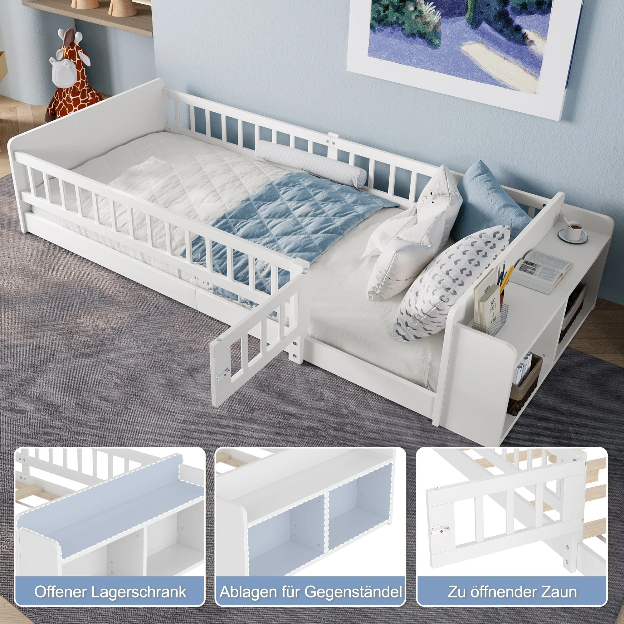 Wooden Children's Bed 90x200cm Open Storage Shelves and Case White Pine Wood - Image 6