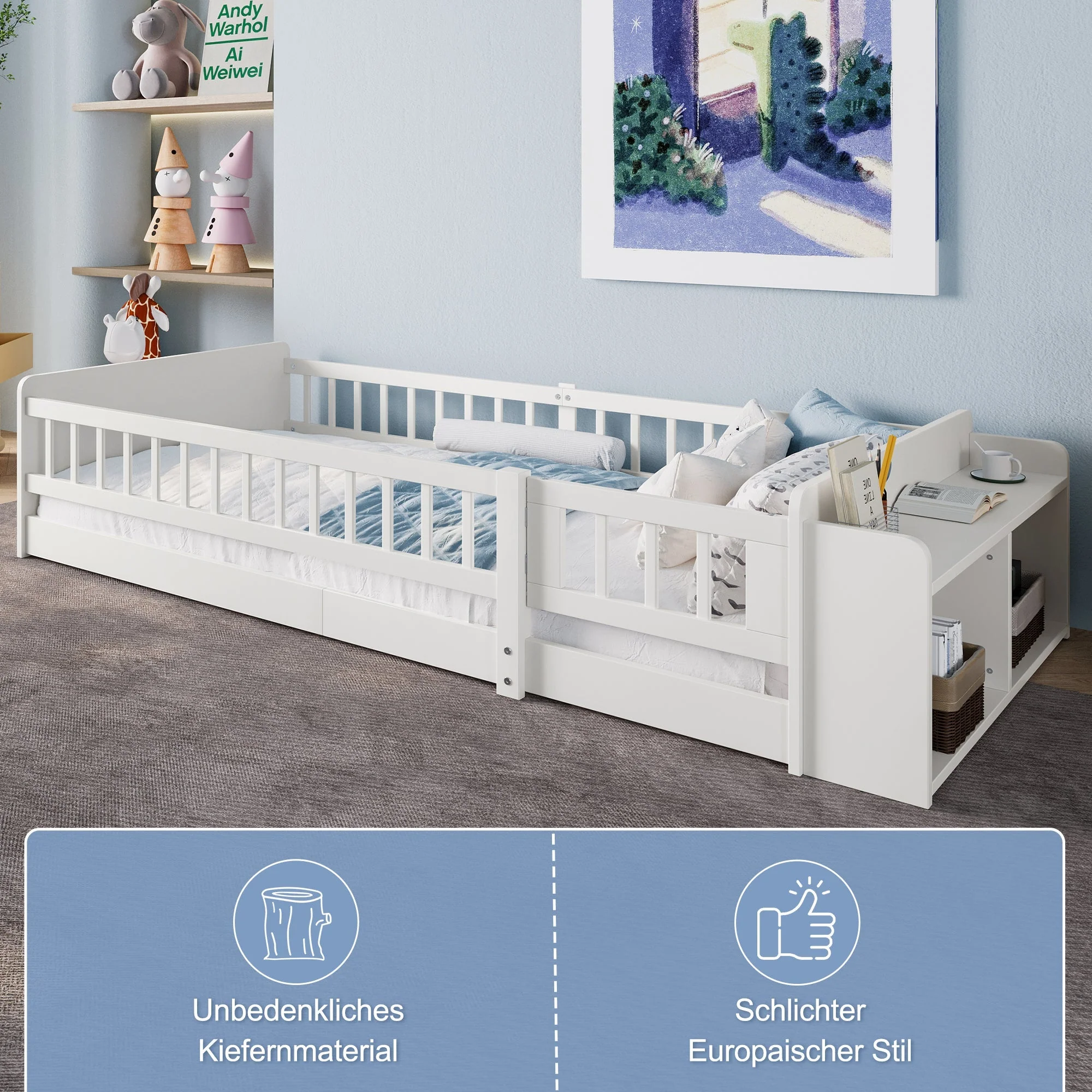 Wooden Children's Bed 90x200cm Open Storage Shelves and Case White Pine Wood - Image 7