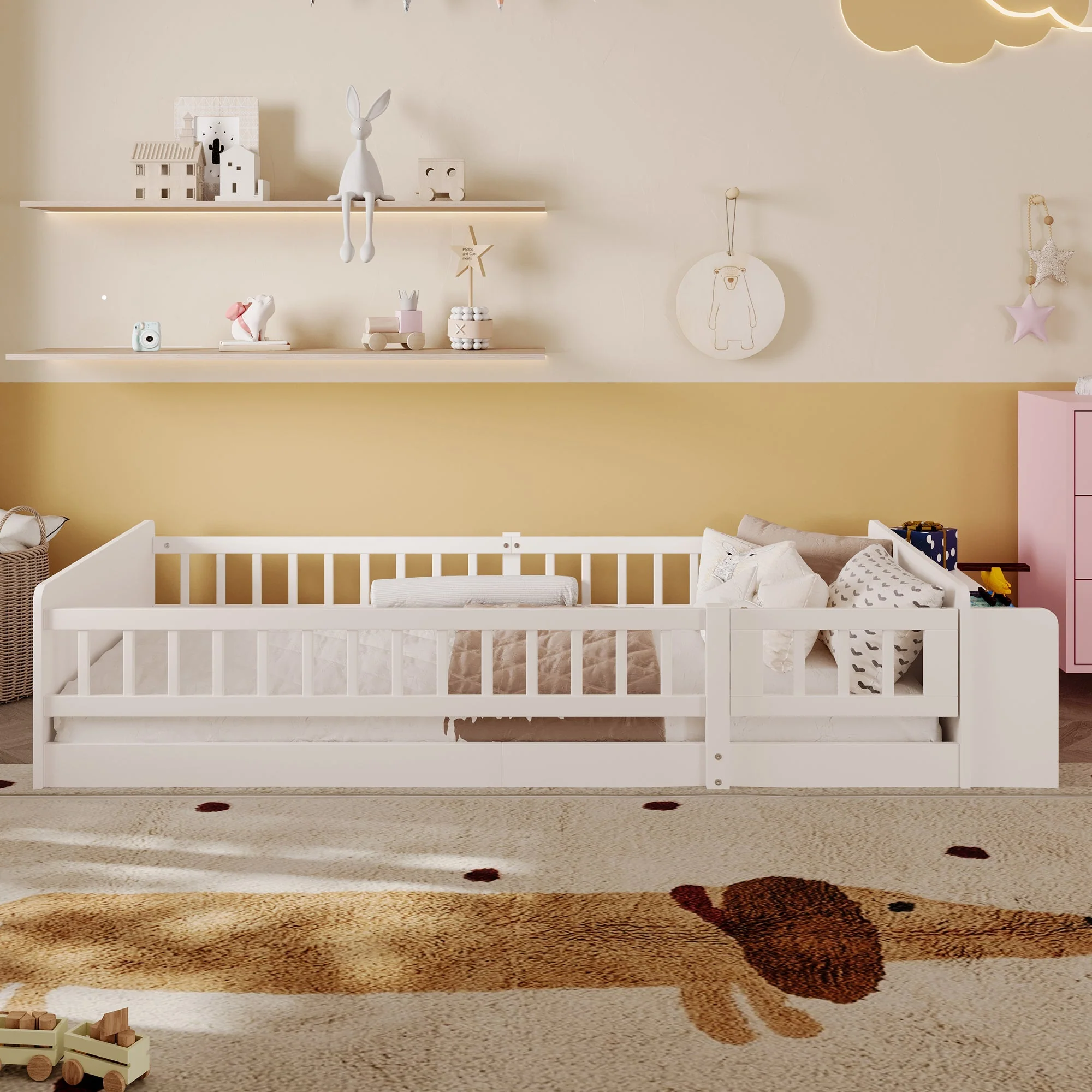 Wooden Children's Bed 90x200cm Open Storage Shelves and Case White Pine Wood - Image 8