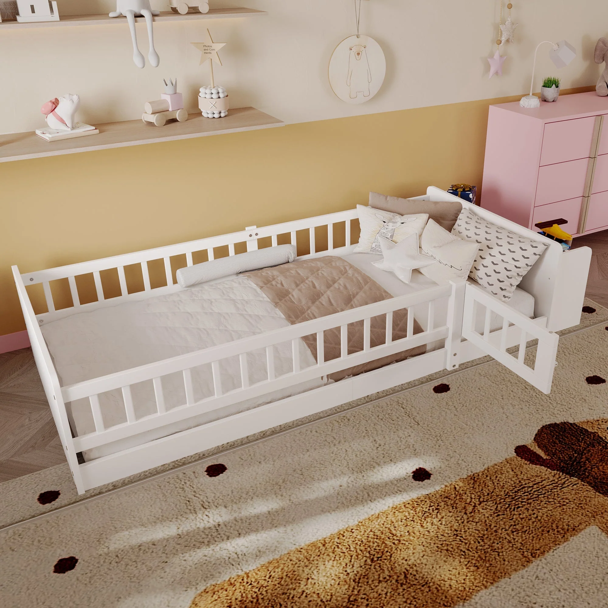 Wooden Children's Bed 90x200cm Open Storage Shelves and Case White Pine Wood - Image 9
