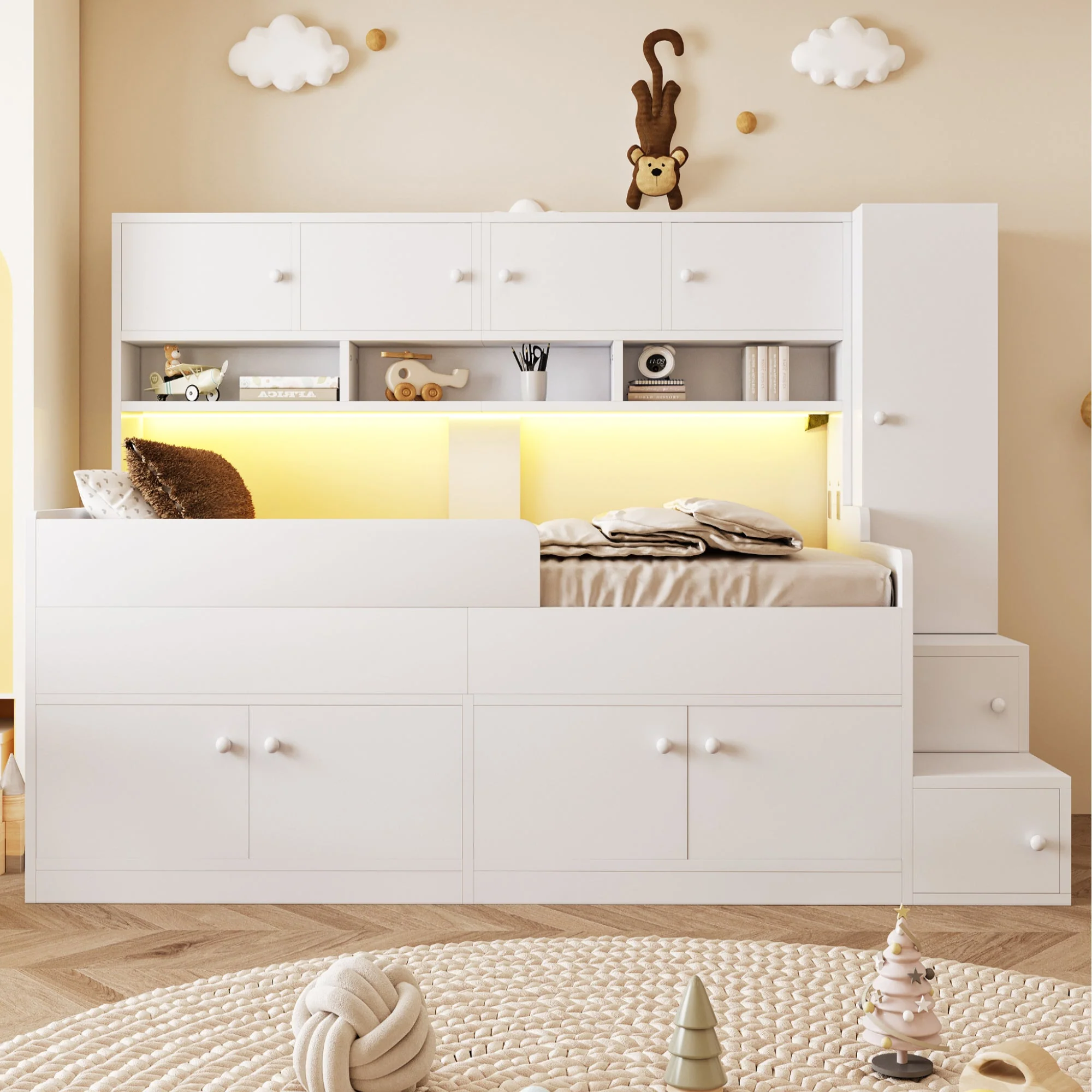 Wooden Children's Bed with Storage, Wardrobe, Ladder and LED Lighting, 90x200cm, White Wood - Image 2