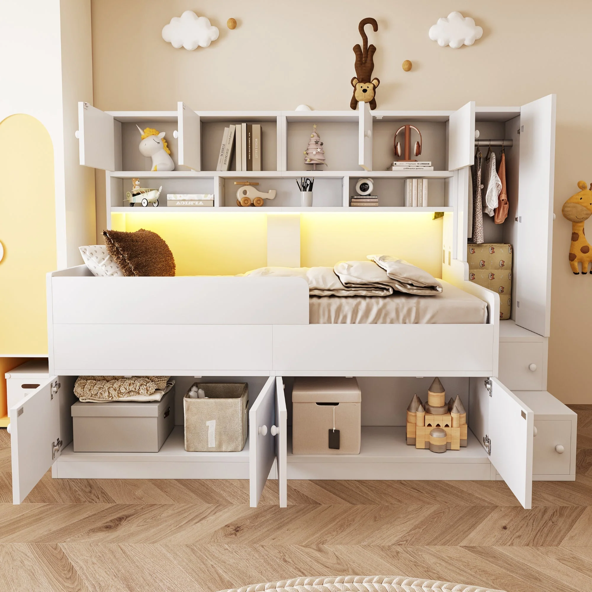 Wooden Children's Bed with Storage, Wardrobe, Ladder and LED Lighting, 90x200cm, White Wood - Image 3