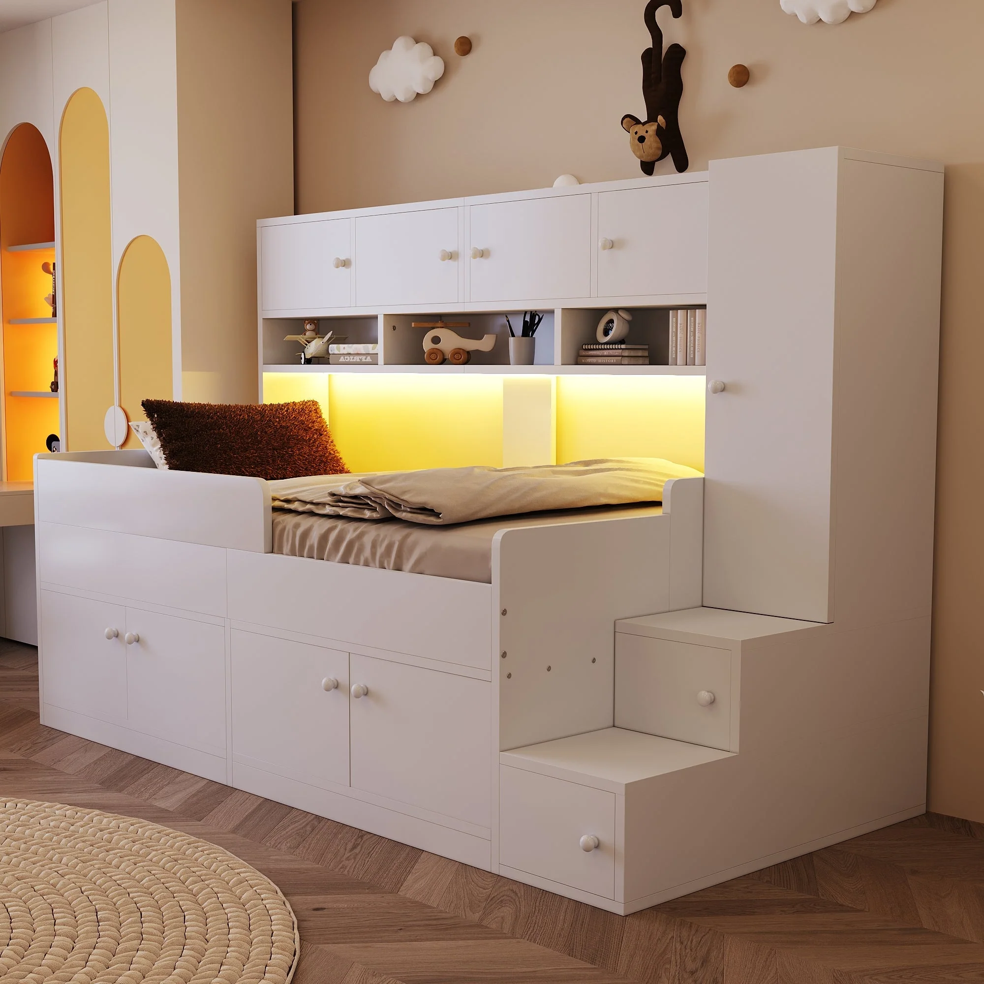 Wooden Children's Bed with Storage, Wardrobe, Ladder and LED Lighting, 90x200cm, White Wood - Image 4