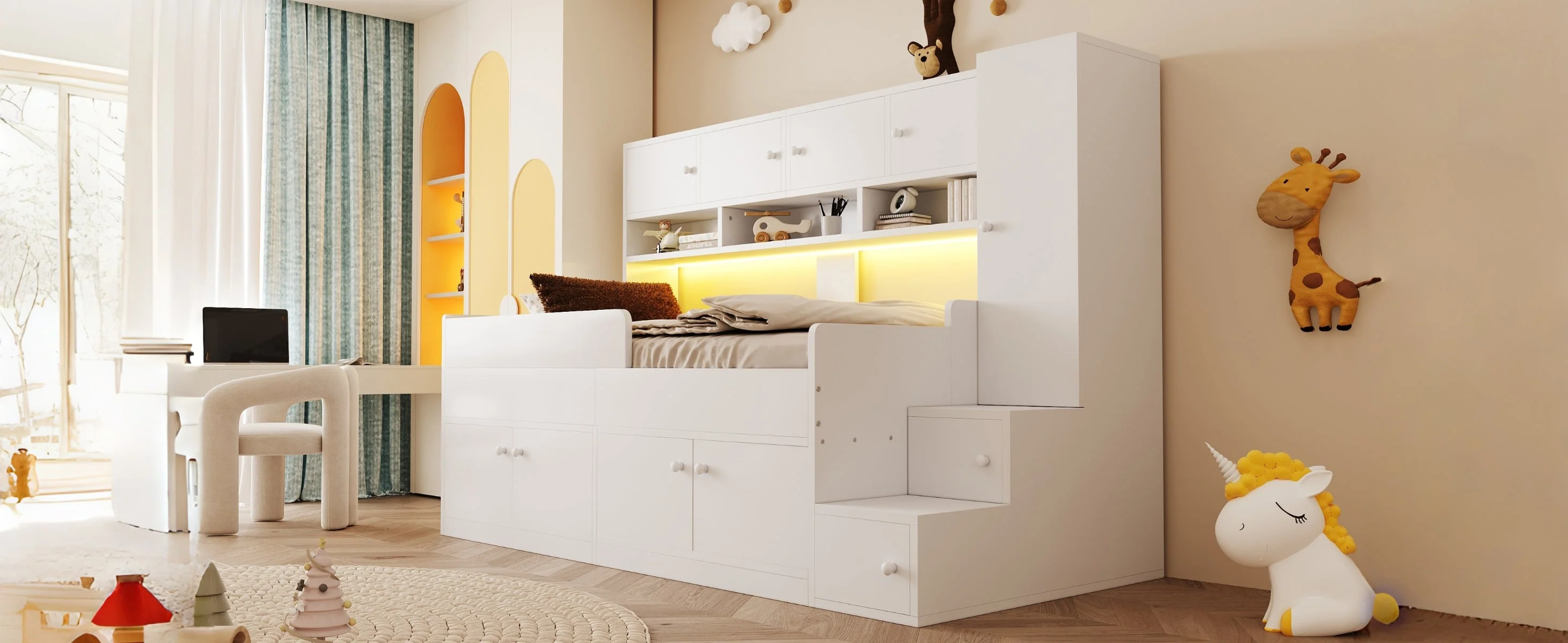 Wooden Children's Bed with Storage, Wardrobe, Ladder and LED Lighting, 90x200cm, White Wood - Image 6