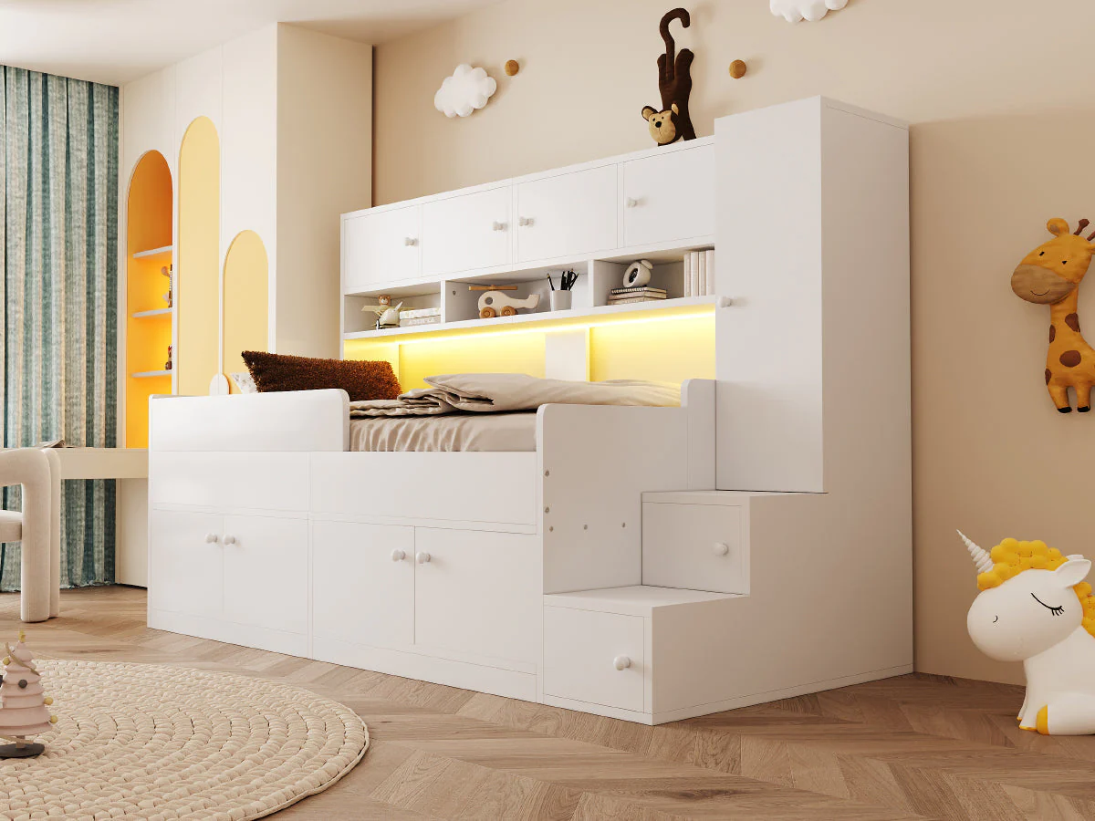 Wooden Children's Bed with Storage, Wardrobe, Ladder and LED Lighting, 90x200cm, White Wood - Image 7