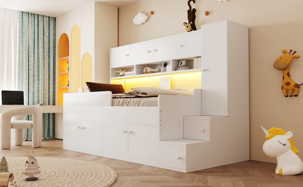 Wooden Children's Bed with Storage, Wardrobe, Ladder and LED Lighting, 90x200cm, White Wood - Image 8