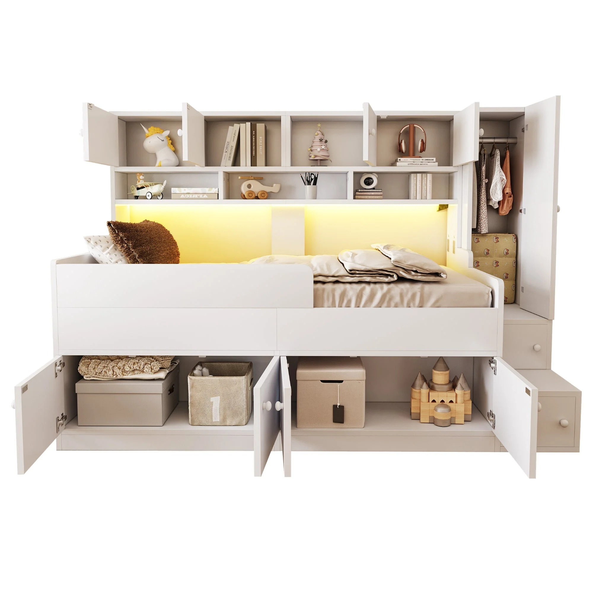 Wooden Children's Bed with Storage, Wardrobe, Ladder and LED Lighting, 90x200cm, White Wood - Image 9