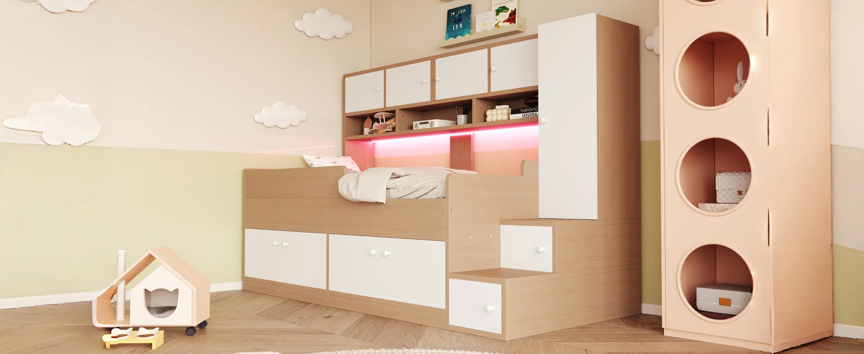 Wooden Children's Bed with Wardrobe, Shelves, Ladder and LED Lighting, 90x200cm, Wood Color - Image 8
