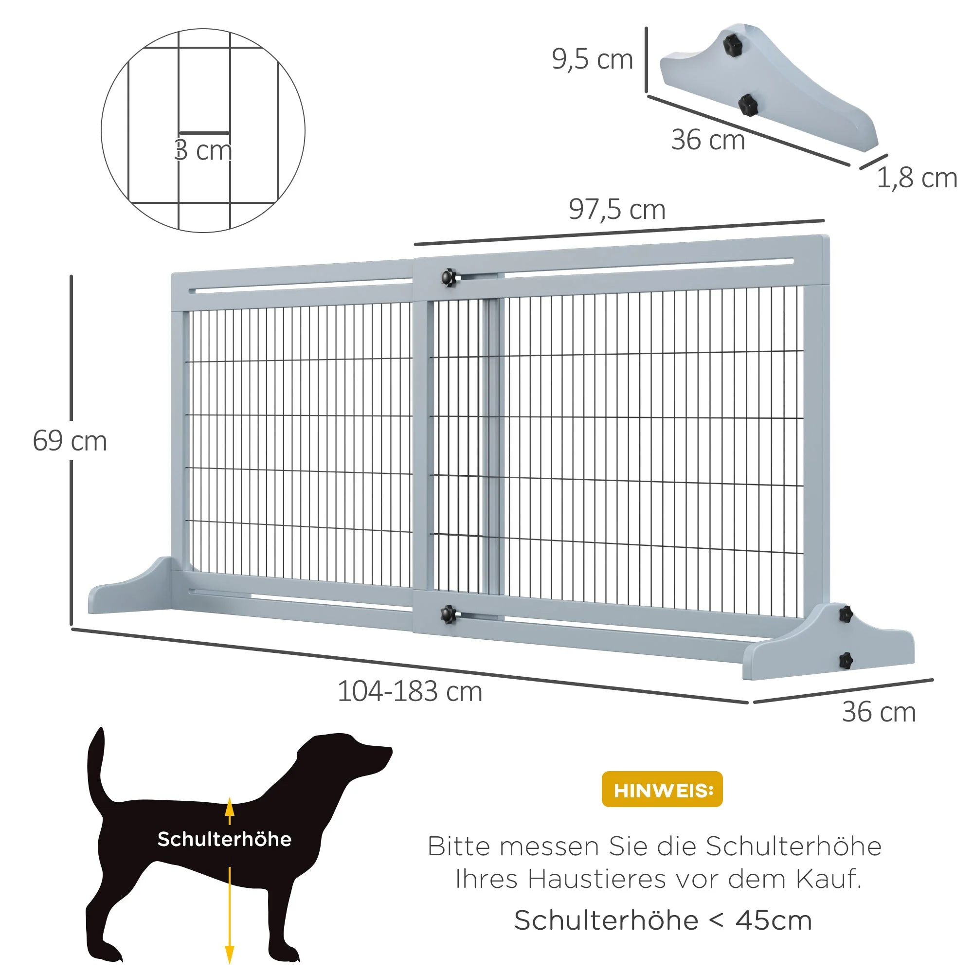 Wooden Dog Gate, Extendable Freestanding 104-183cm Grey - Image 3