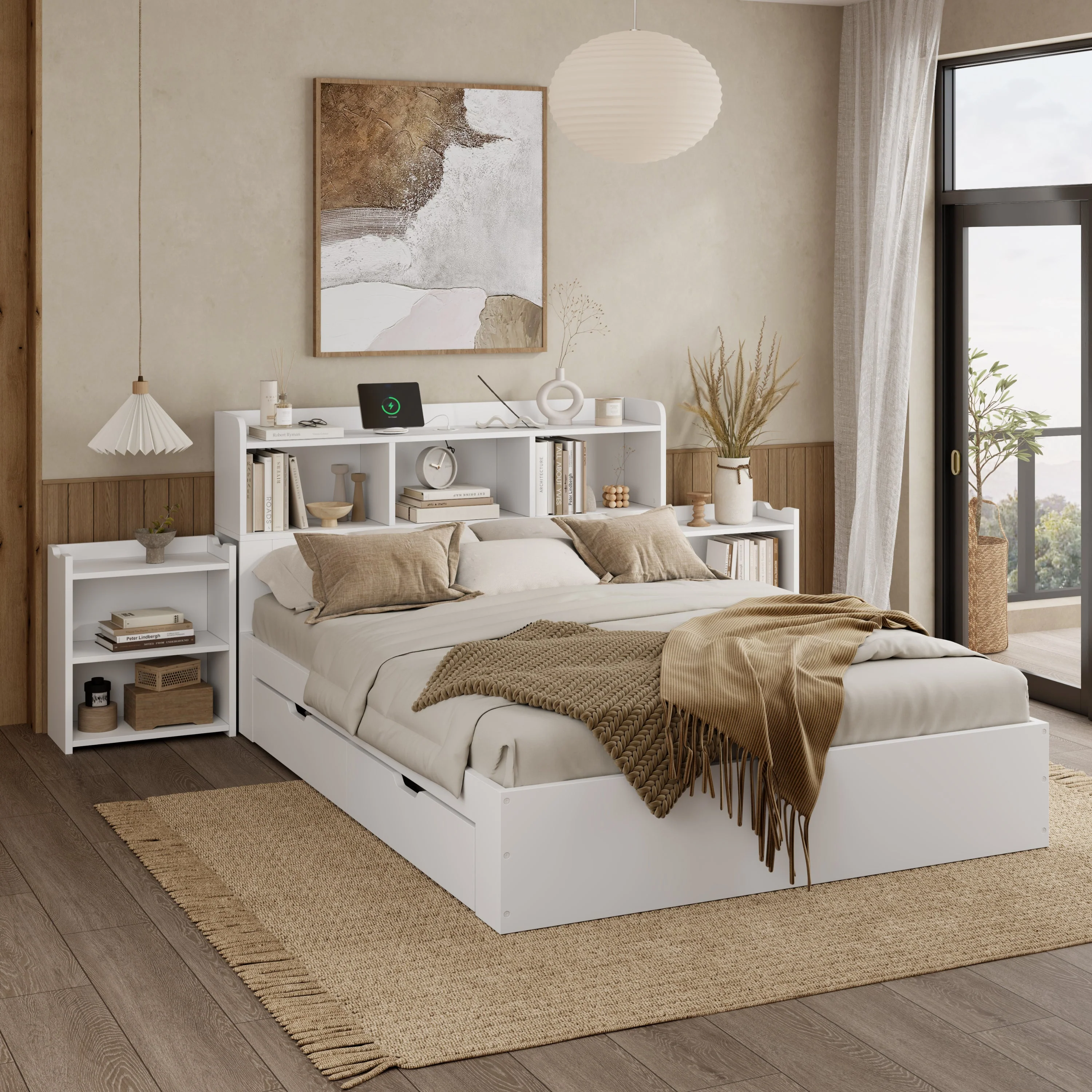 Wooden Double Bed 140x200cm with Integrated Charging, Storage Drawers and Pull-out Bedside Tables, White Wood - Image 2
