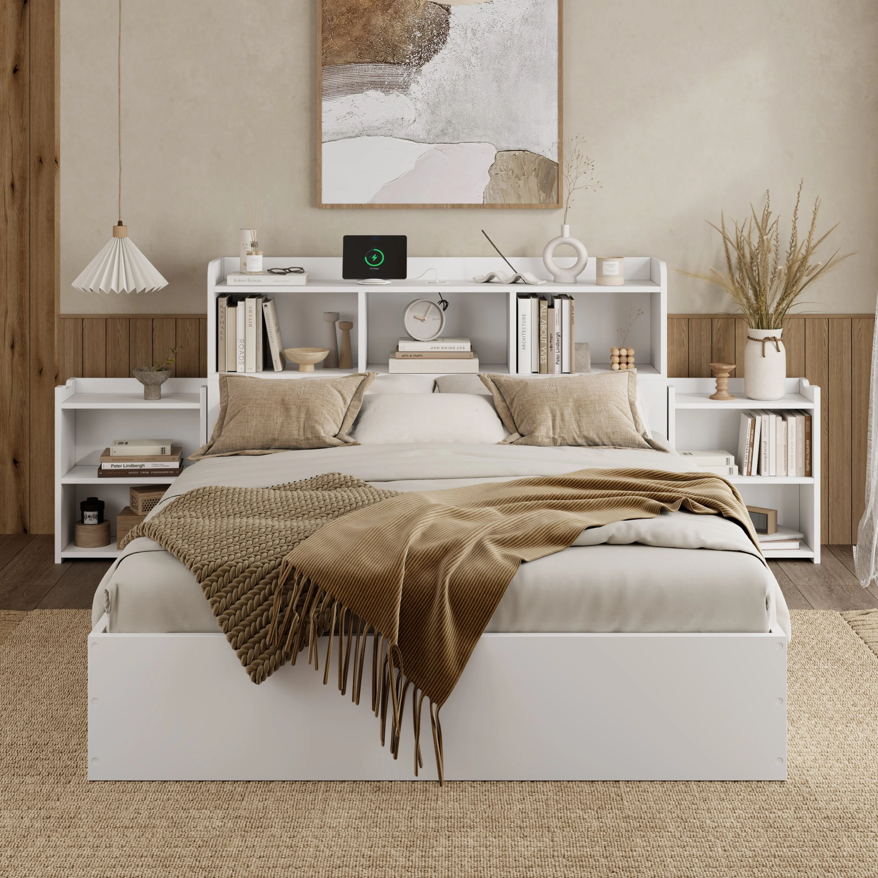 Wooden Double Bed 140x200cm with Integrated Charging, Storage Drawers and Pull-out Bedside Tables, White Wood - Image 3