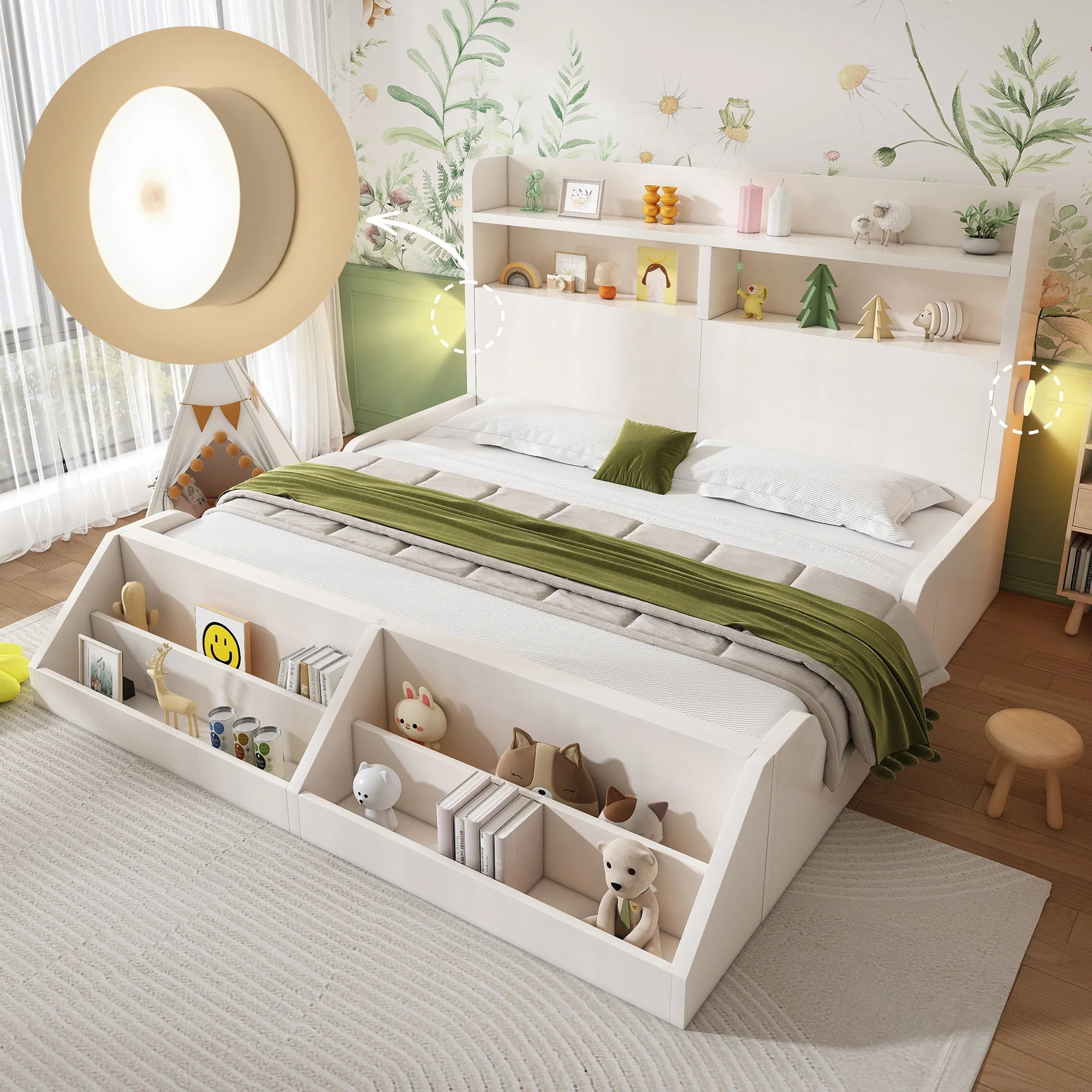 Wooden Double Bed 140x200cm Youth Bed with Shelves Nightlights Bookshelf Pure White