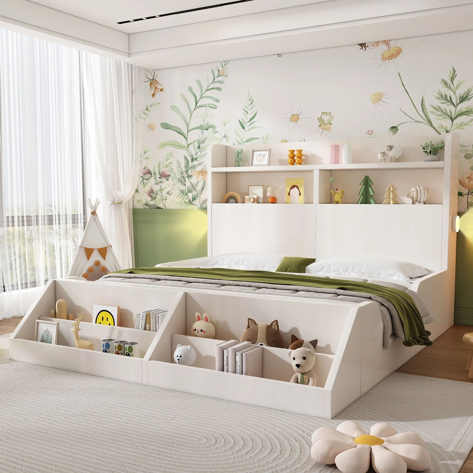 Wooden Double Bed 140x200cm Youth Bed with Shelves Nightlights Bookshelf Pure White - Image 10