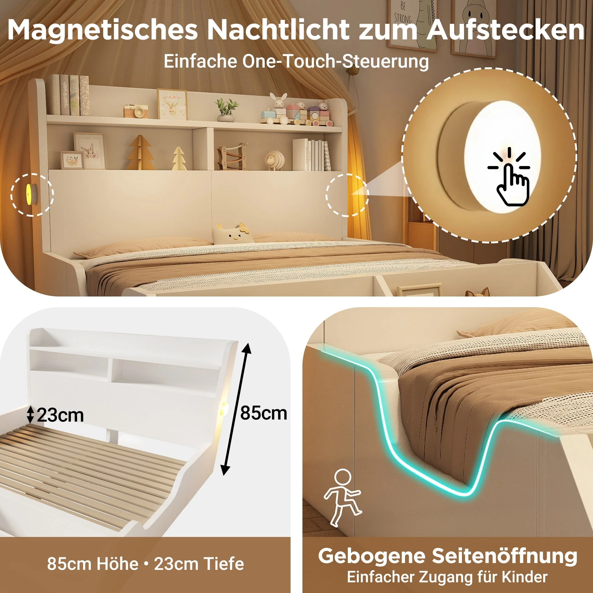 Wooden Double Bed 140x200cm Youth Bed with Shelves Nightlights Bookshelf Pure White - Image 3