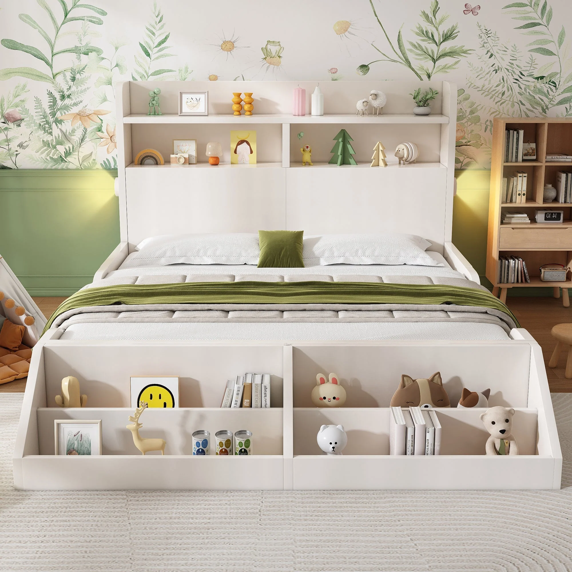 Wooden Double Bed 140x200cm Youth Bed with Shelves Nightlights Bookshelf Pure White - Image 9