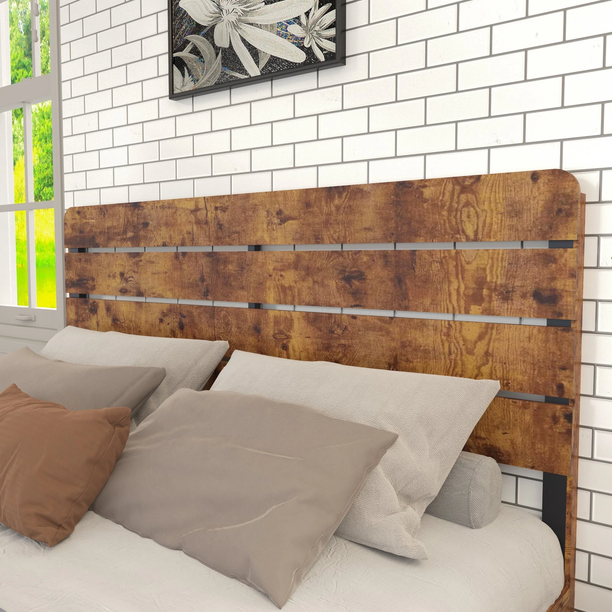 Wooden Double Bed 160x200cm Antique Frame High Headboard, Wood/Iron - Image 4