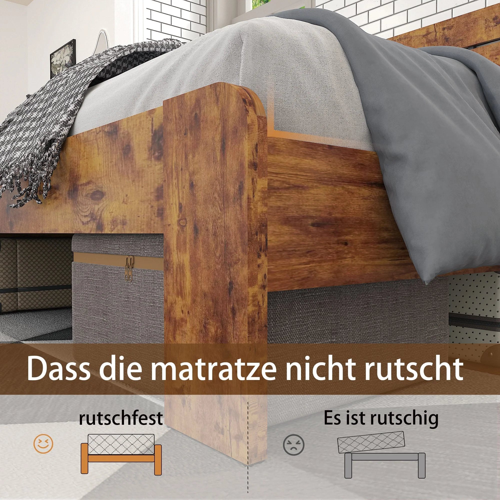 Wooden Double Bed 160x200cm Antique Frame High Headboard, Wood/Iron - Image 5