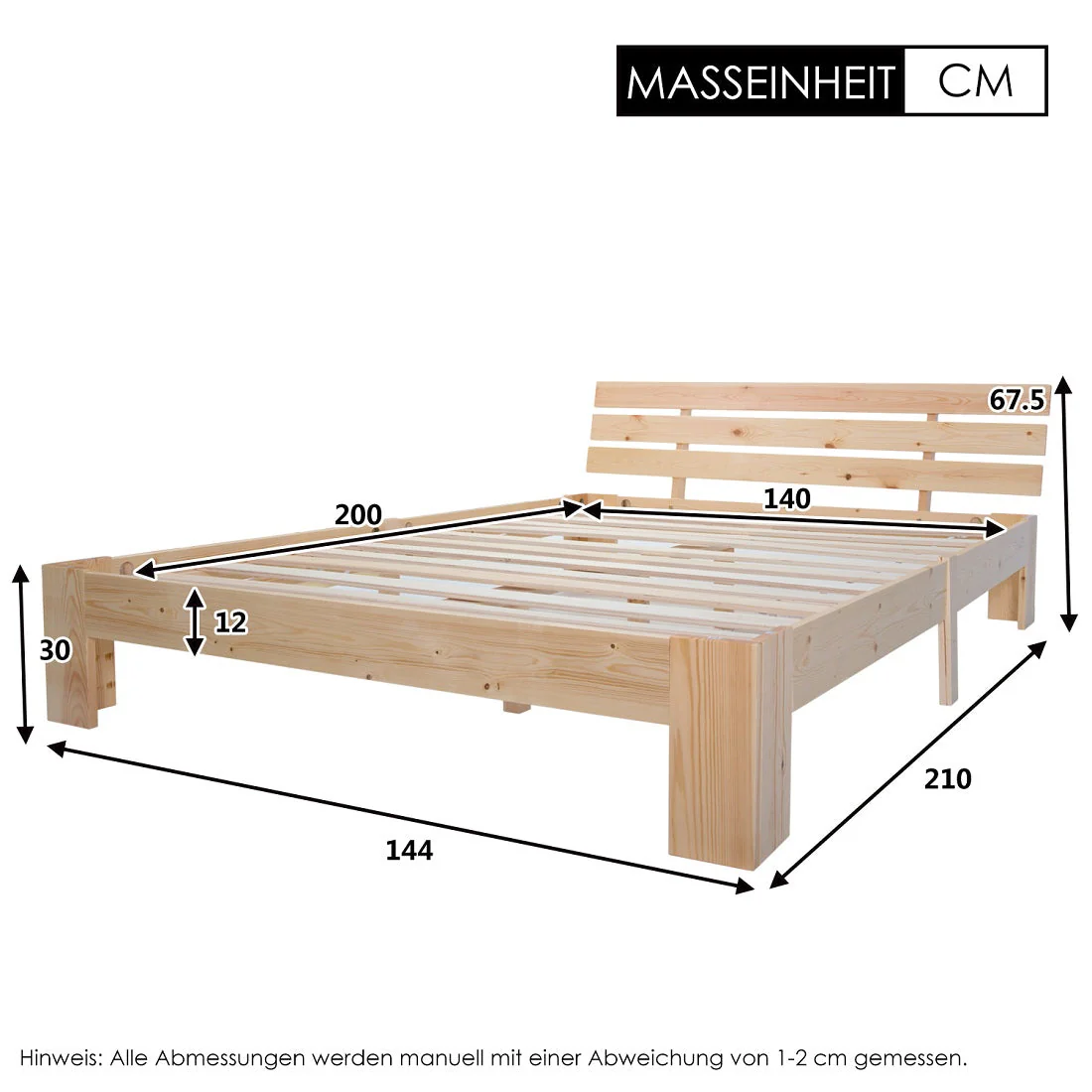 Wooden Double Bed, Headboard & Slatted Frame, Solid Pine - Image 4