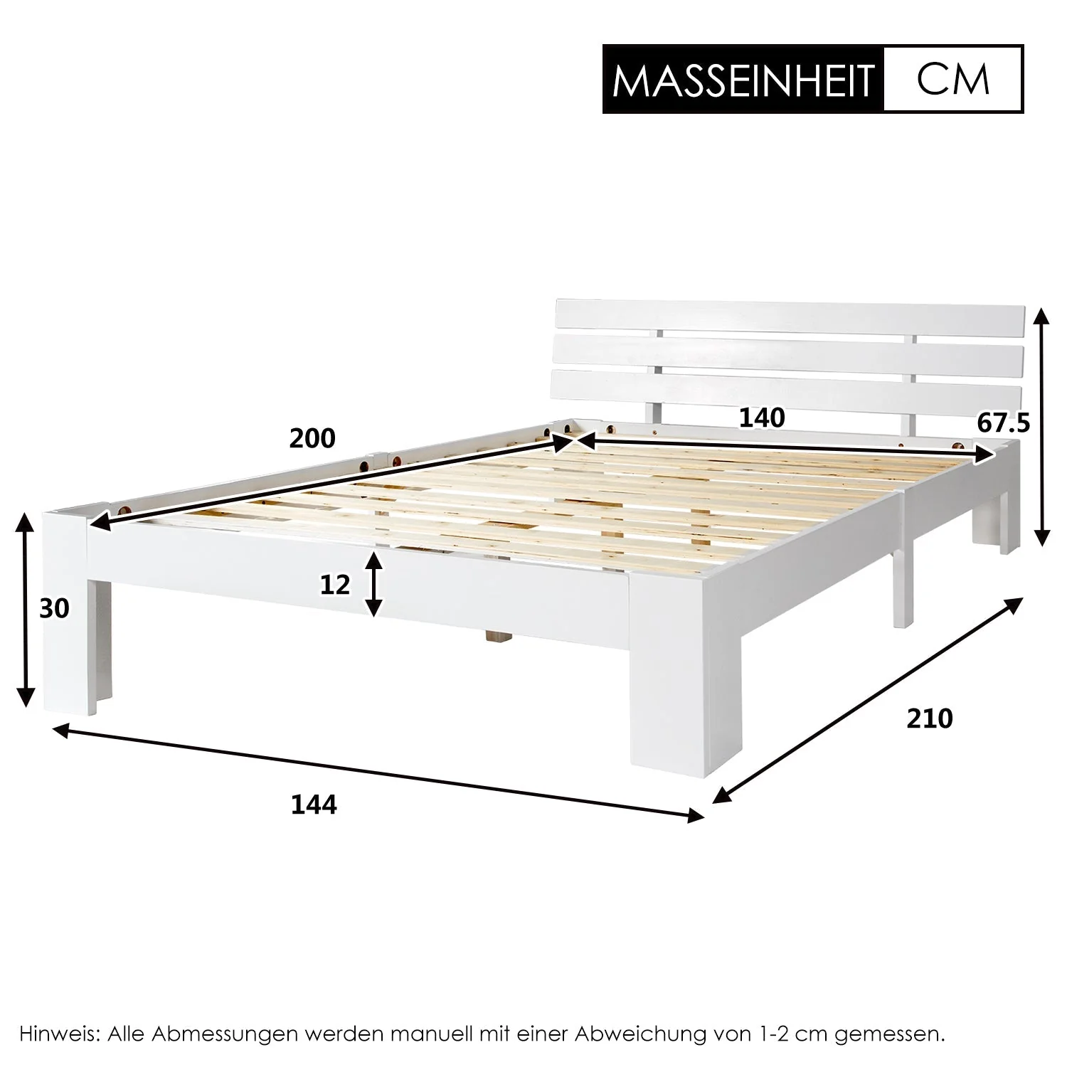 Wooden Double Bed with Headboard, Slatted Frame, Pine - Image 4