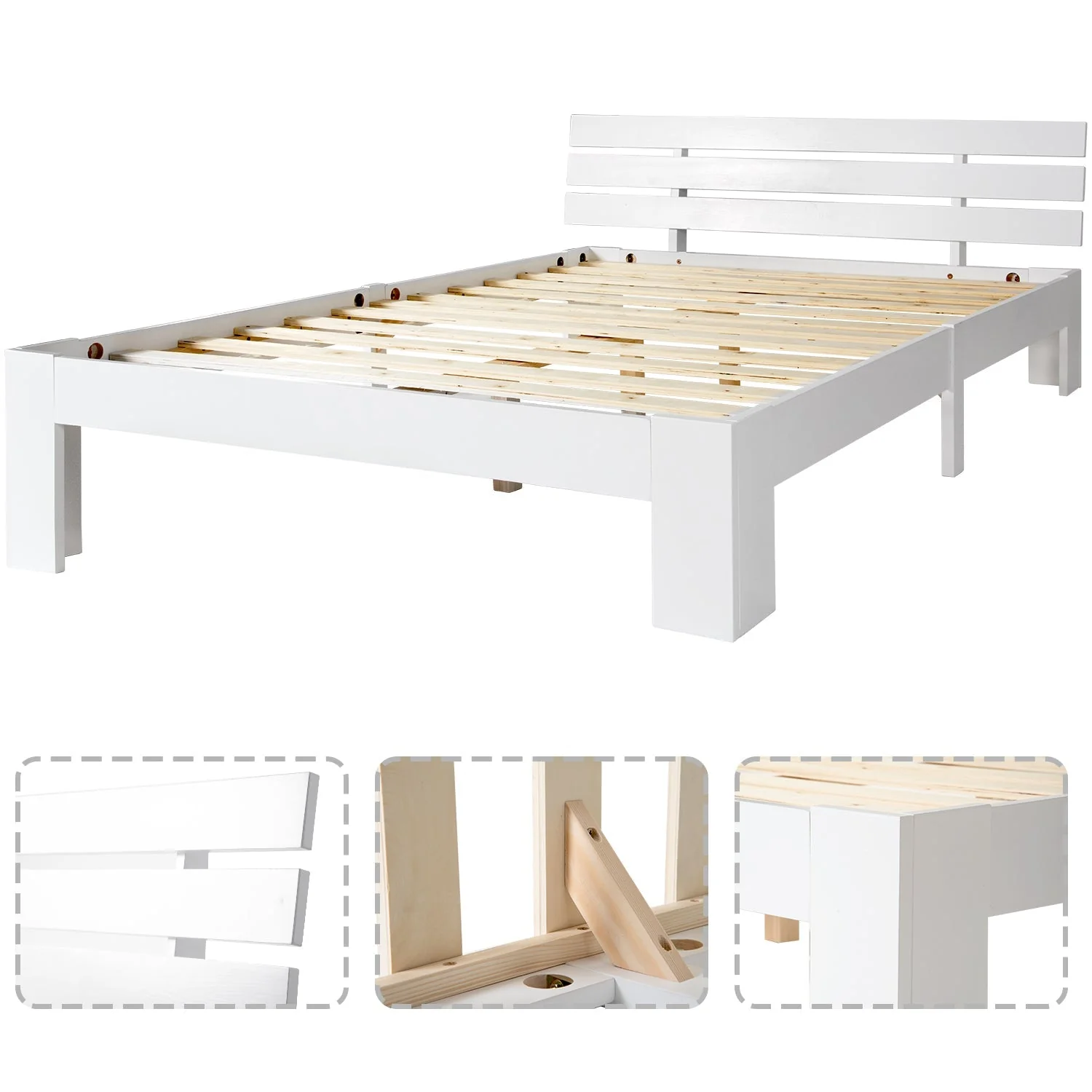 Wooden Double Bed with Headboard, Slatted Frame, Pine - Image 7