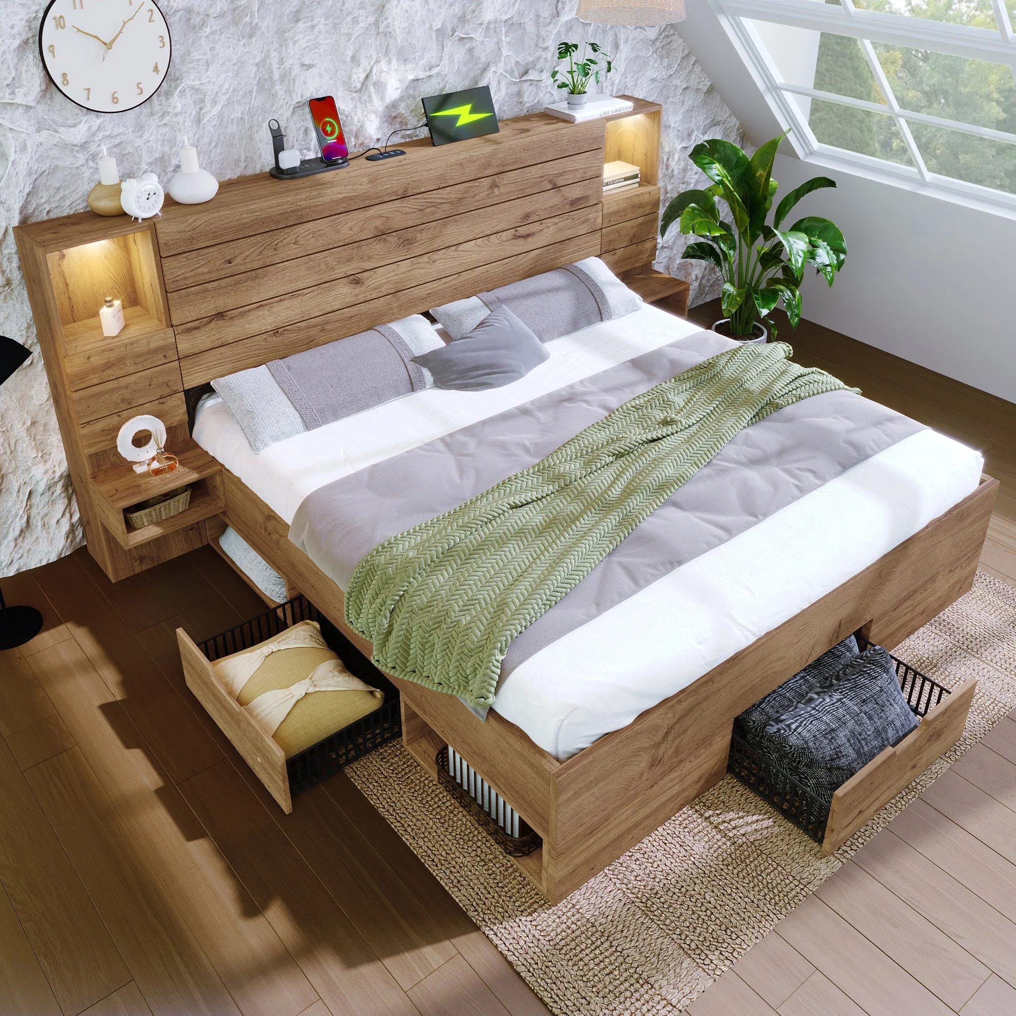 Wooden Double Bed with LED Downlights, USB-C, Floating Bedside Tables and Drawers, 180x200cm, Oak Look - Image 9