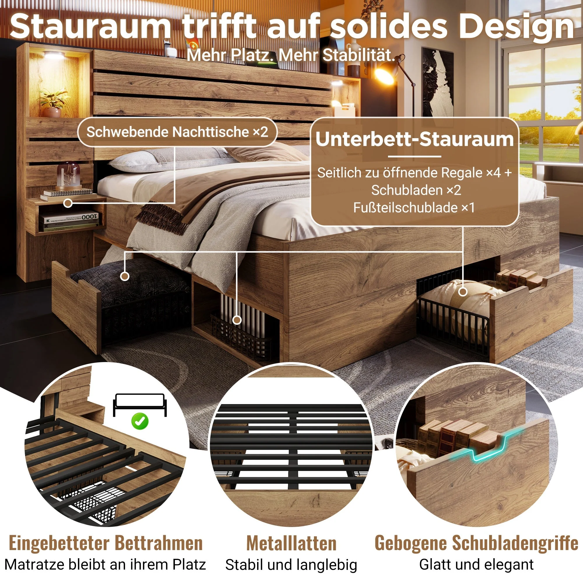 Wooden Double Bed with LED, USB, Niche, Floating Tables, Storage and Mattress, 160x200cm, Oak Look - Image 4