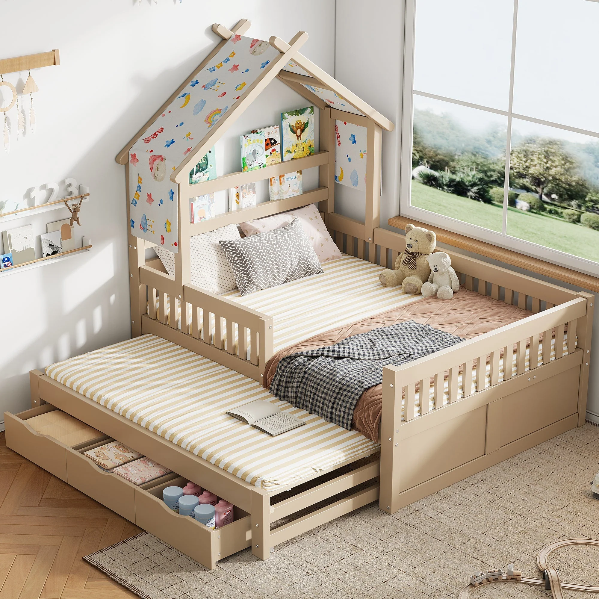 Wooden House Bed with Pull-out Bed, 3 Drawers and Safety Rails, 140x200cm, Cream - Image 10