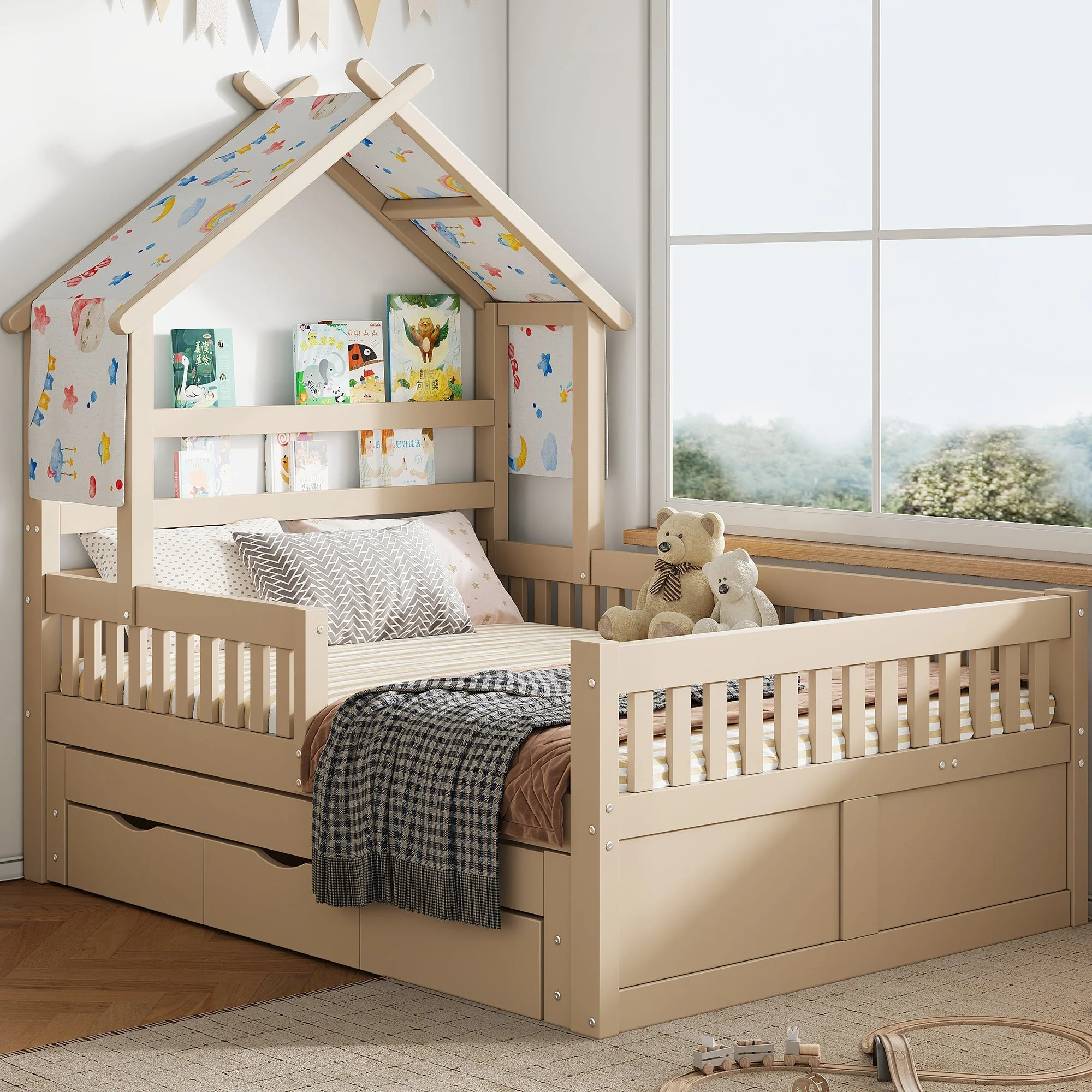 Wooden House Bed with Pull-out Bed, 3 Drawers and Safety Rails, 140x200cm, Cream - Image 11