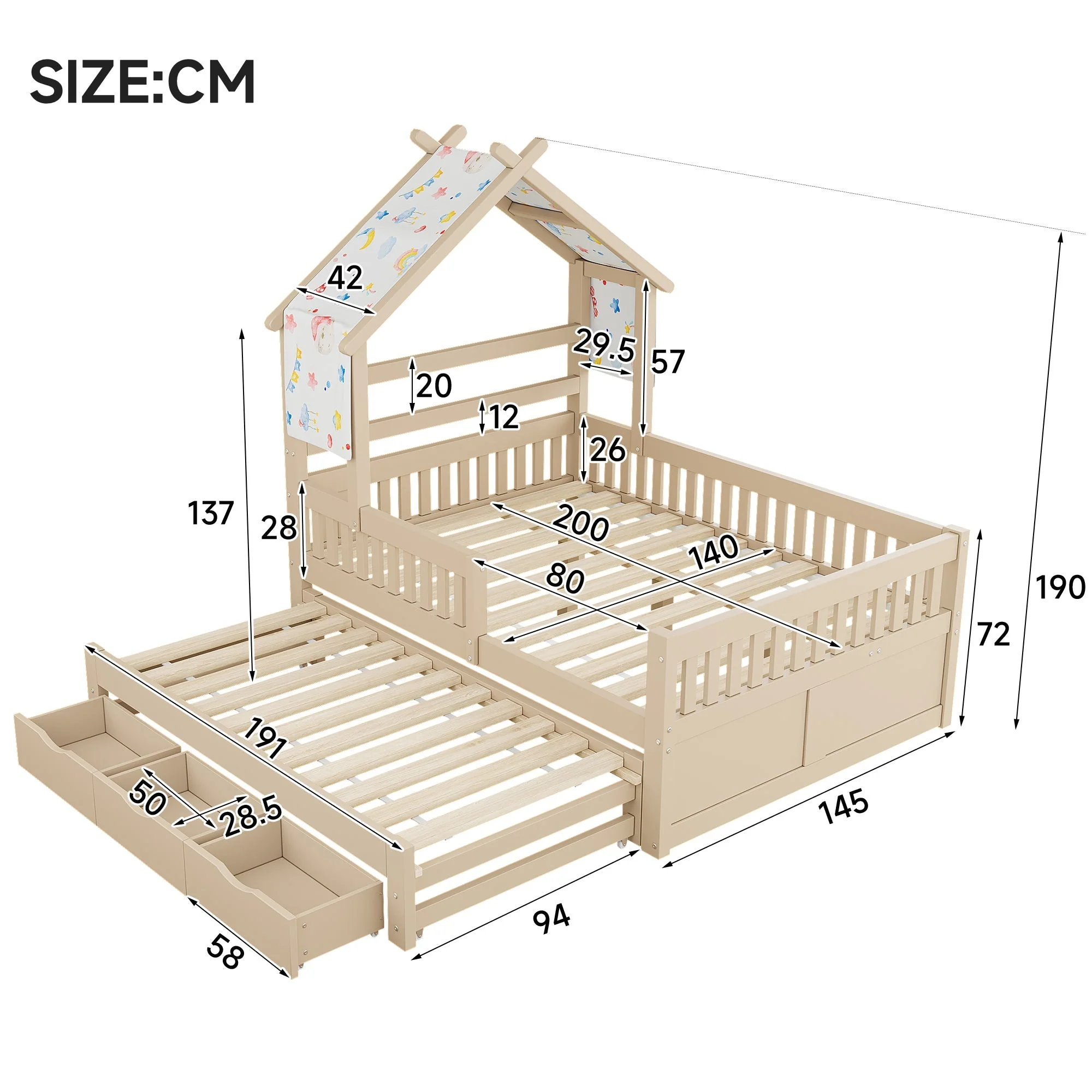Wooden House Bed with Pull-out Bed, 3 Drawers and Safety Rails, 140x200cm, Cream - Image 13