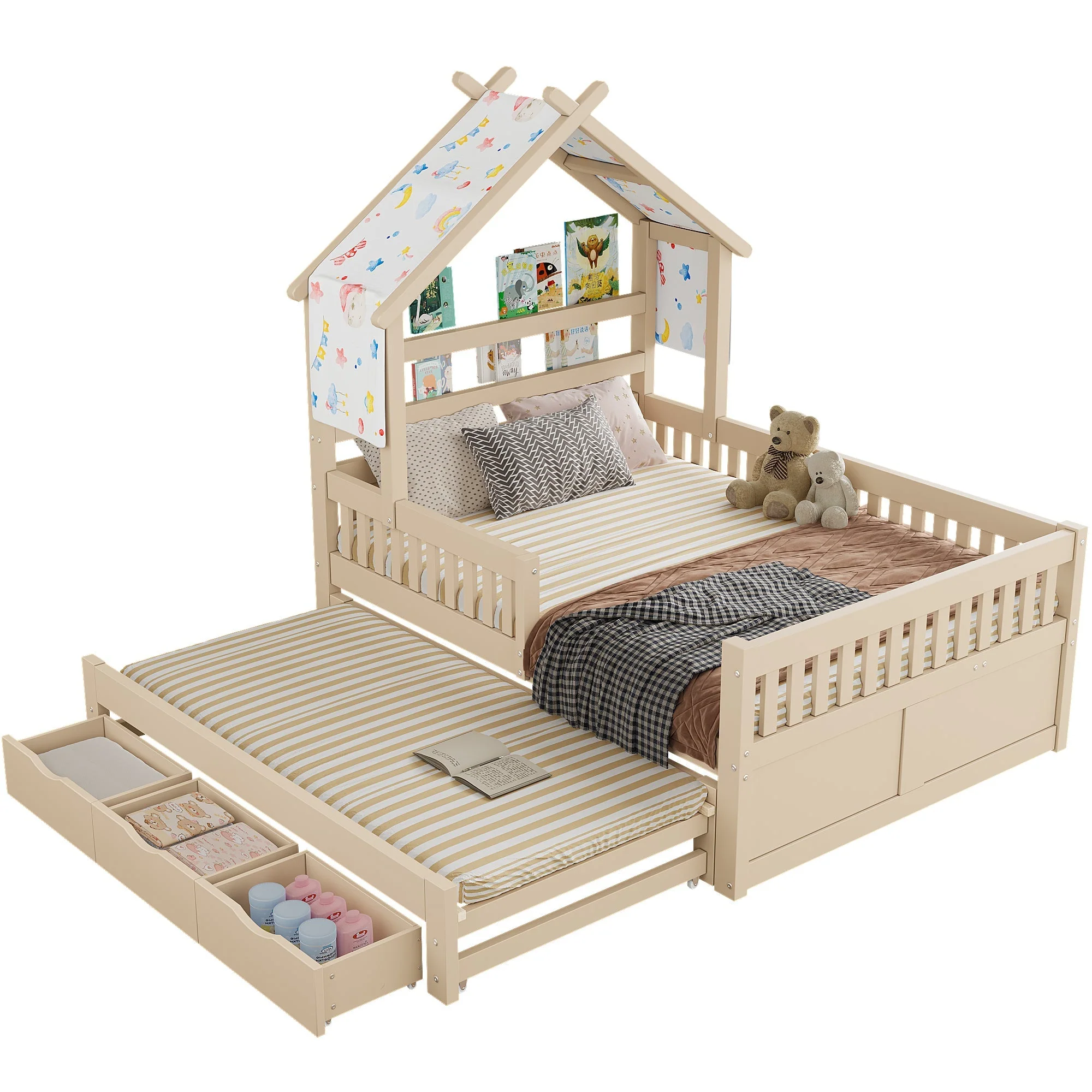 Wooden House Bed with Pull-out Bed, 3 Drawers and Safety Rails, 140x200cm, Cream - Image 14