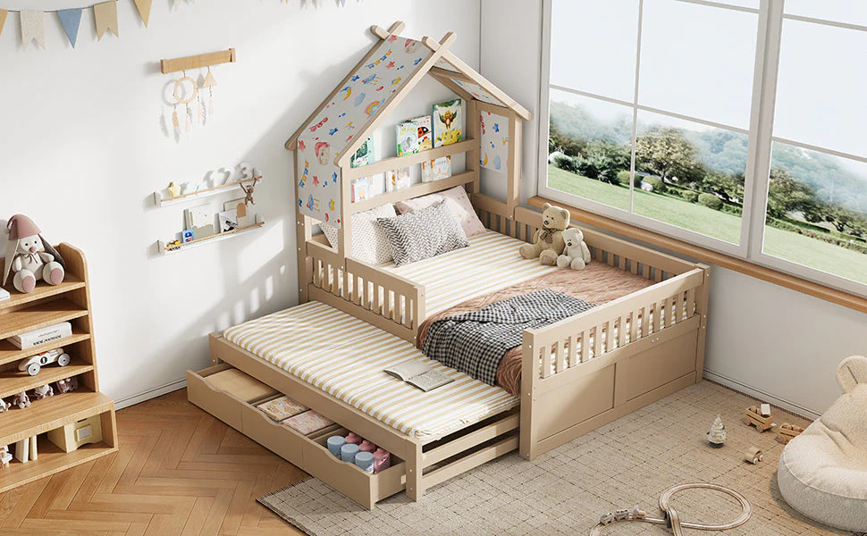Wooden House Bed with Pull-out Bed, 3 Drawers and Safety Rails, 140x200cm, Cream - Image 17