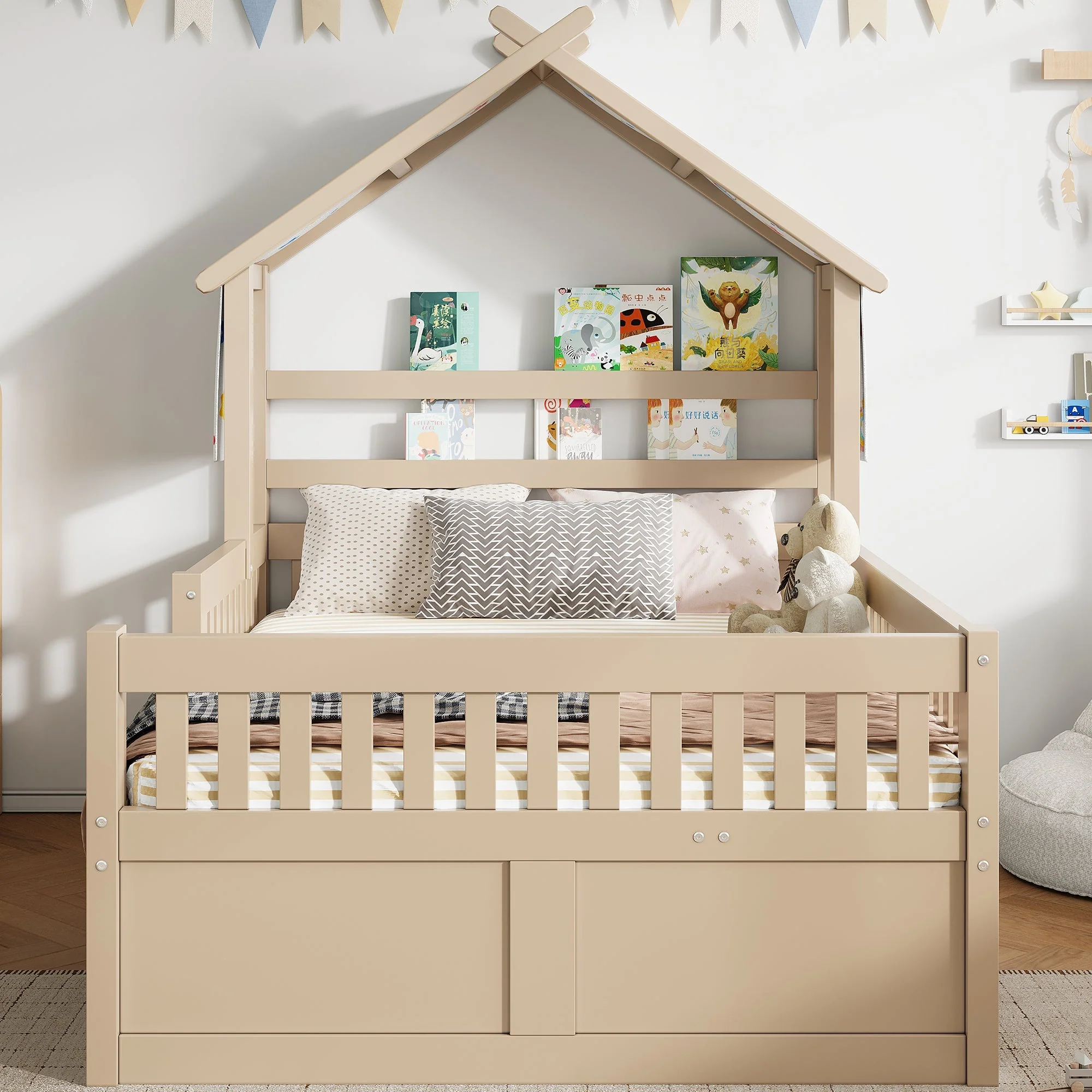 Wooden House Bed with Pull-out Bed, 3 Drawers and Safety Rails, 140x200cm, Cream - Image 3
