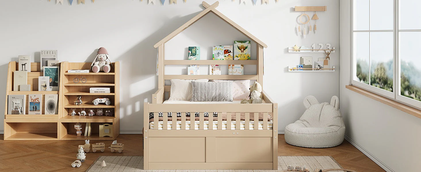 Wooden House Bed with Pull-out Bed, 3 Drawers and Safety Rails, 140x200cm, Cream - Image 6