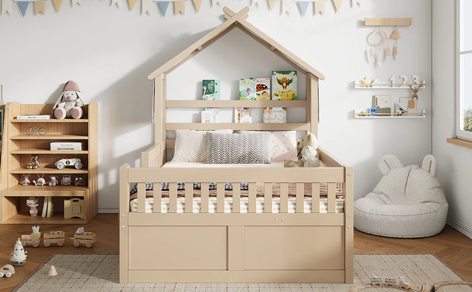 Wooden House Bed with Pull-out Bed, 3 Drawers and Safety Rails, 140x200cm, Cream - Image 7