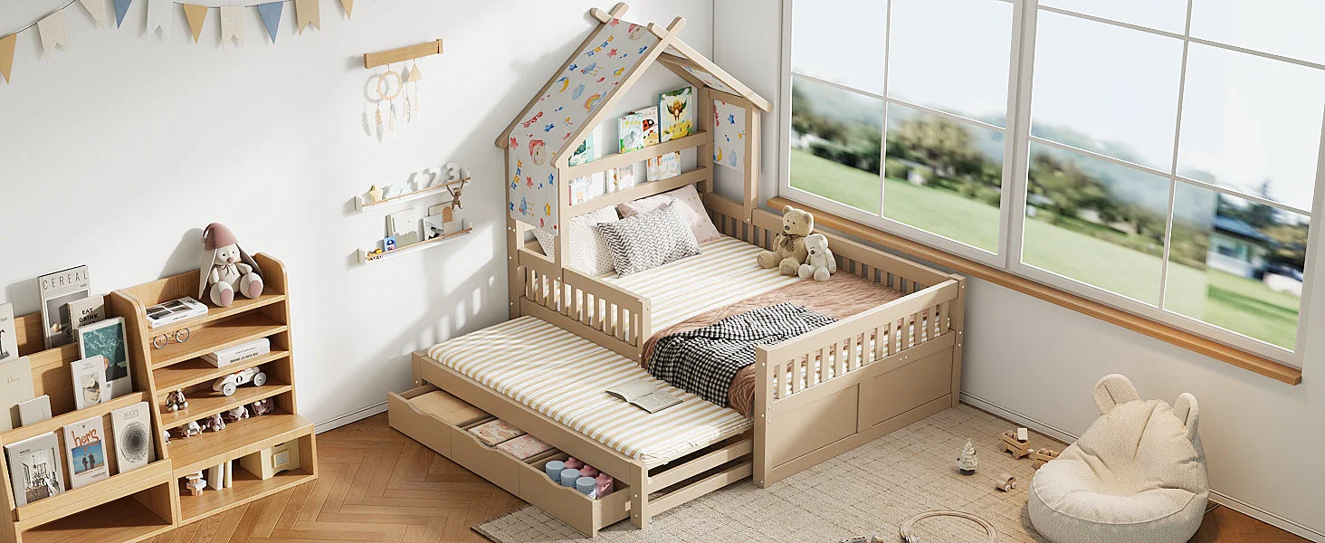 Wooden House Bed with Pull-out Bed, 3 Drawers and Safety Rails, 140x200cm, Cream - Image 9
