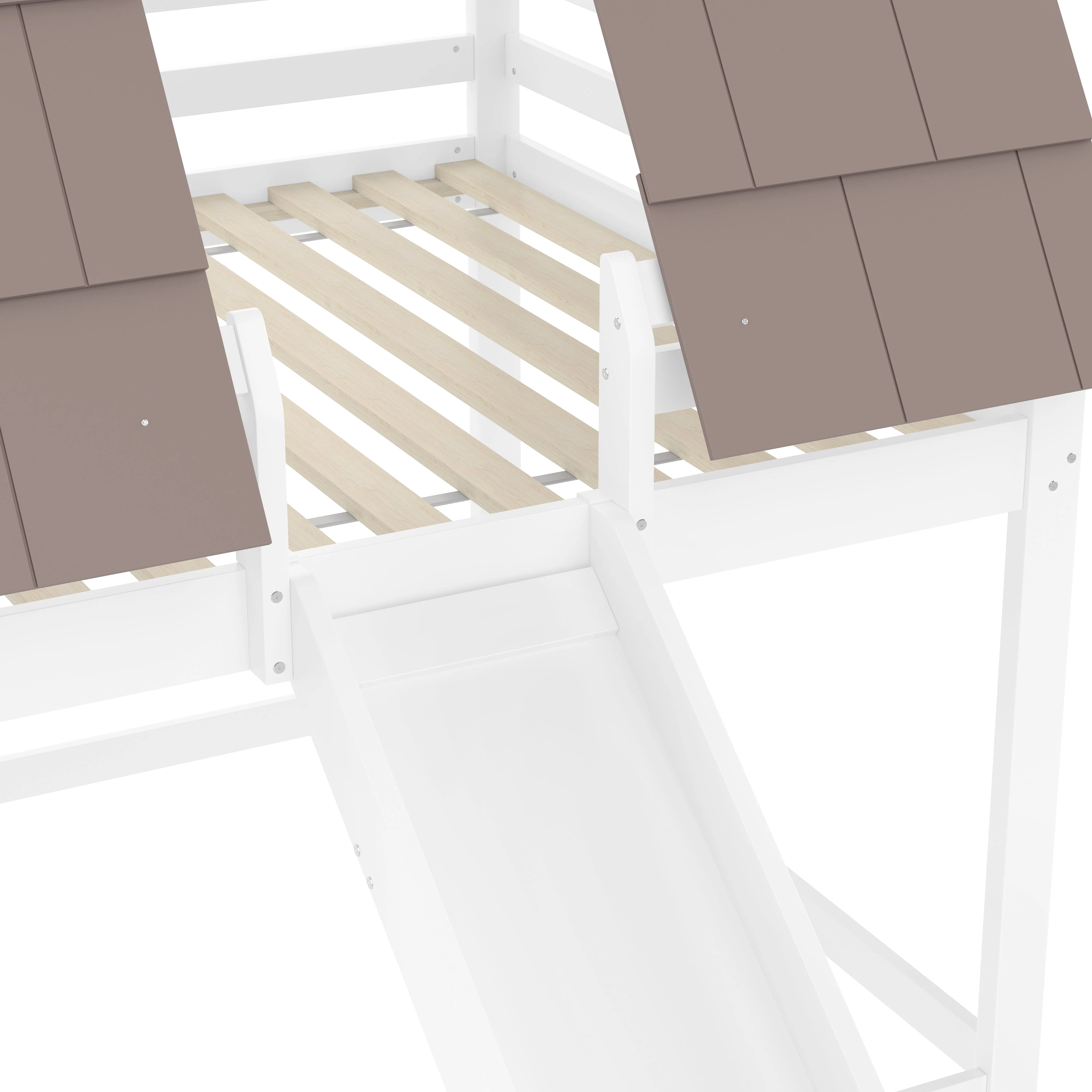 Wooden House Bunk Bed with Roof, Ladder and Slide, 140 x 200, White and Brown - Image 9
