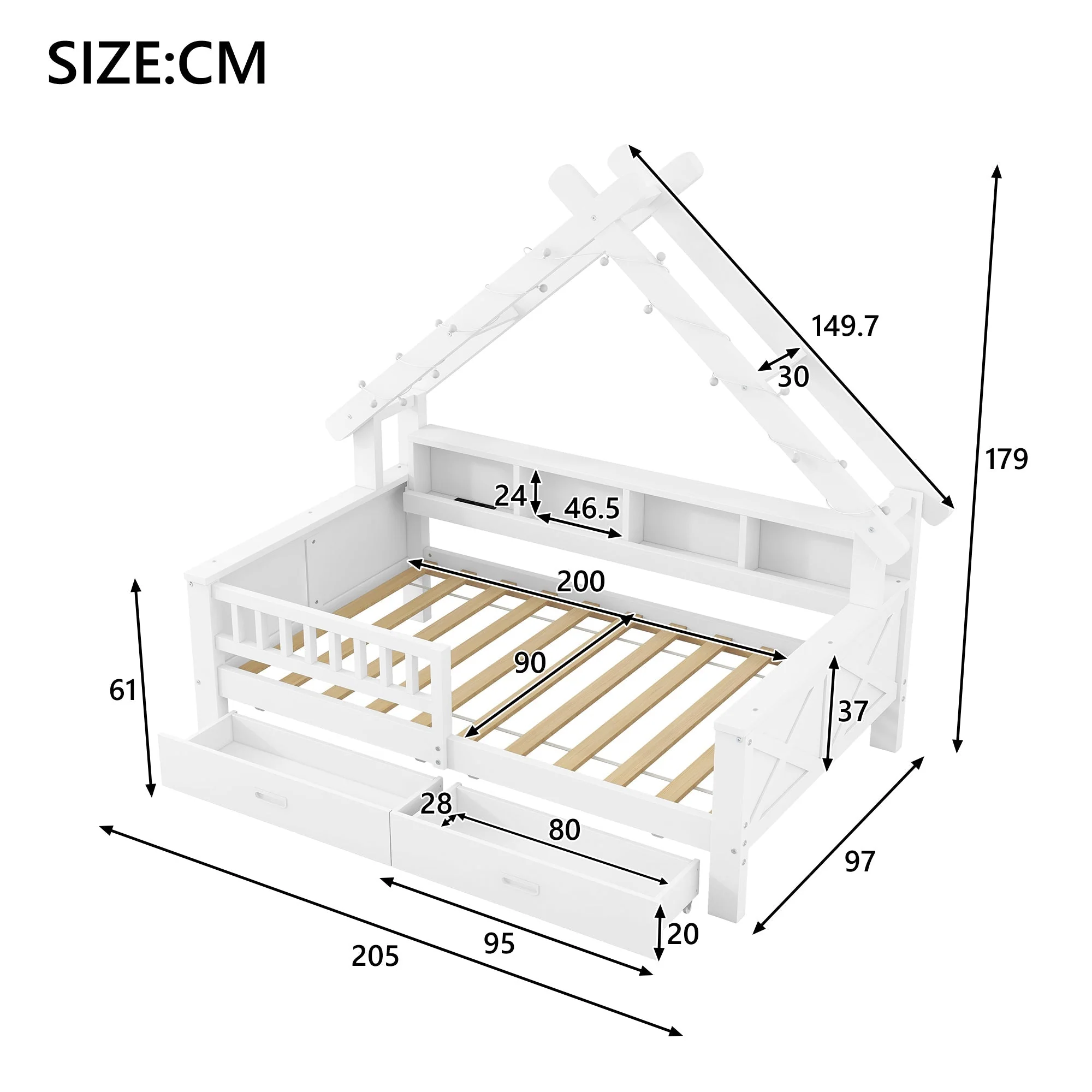 Wooden House Platform Bed with LED Lighting, Storage and Safety Rails, White - Image 5