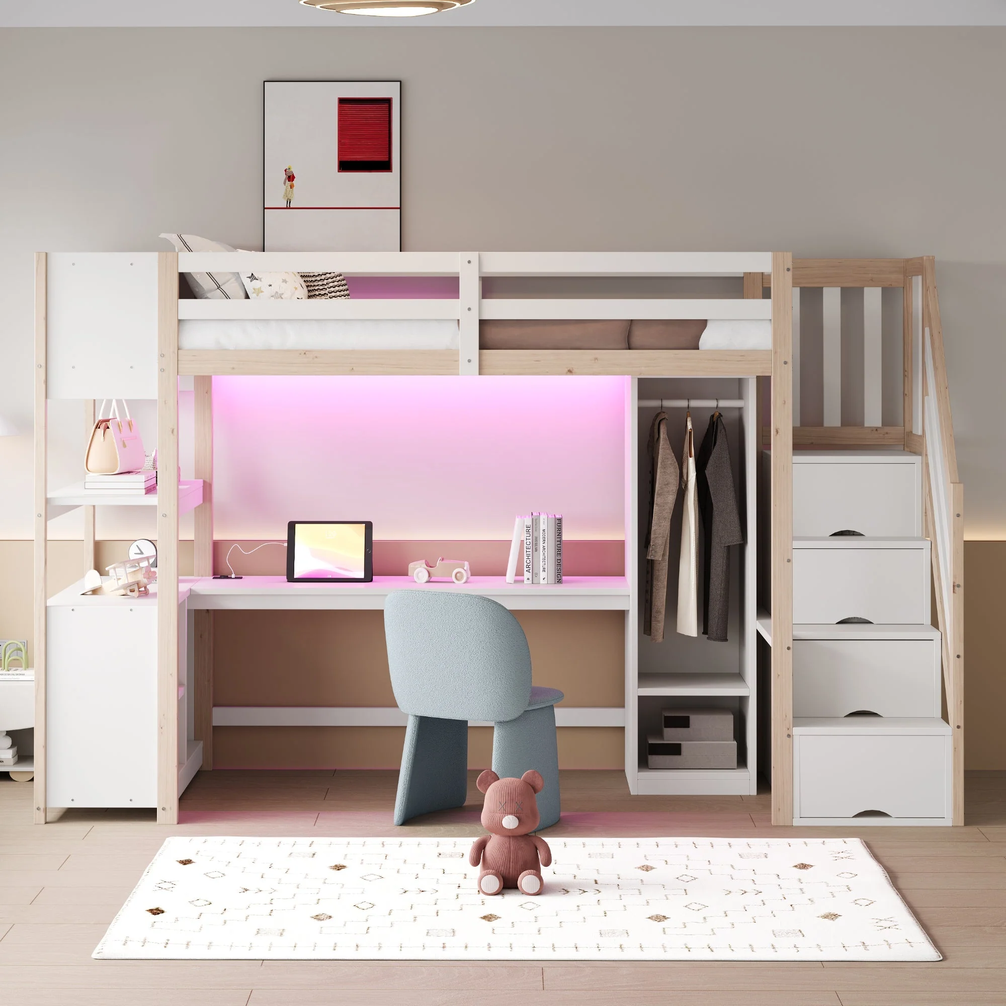 Wooden Loft Bed 90x200cm Wardrobe Desk Storage Stairs LED Sockets Wood Color - Image 4