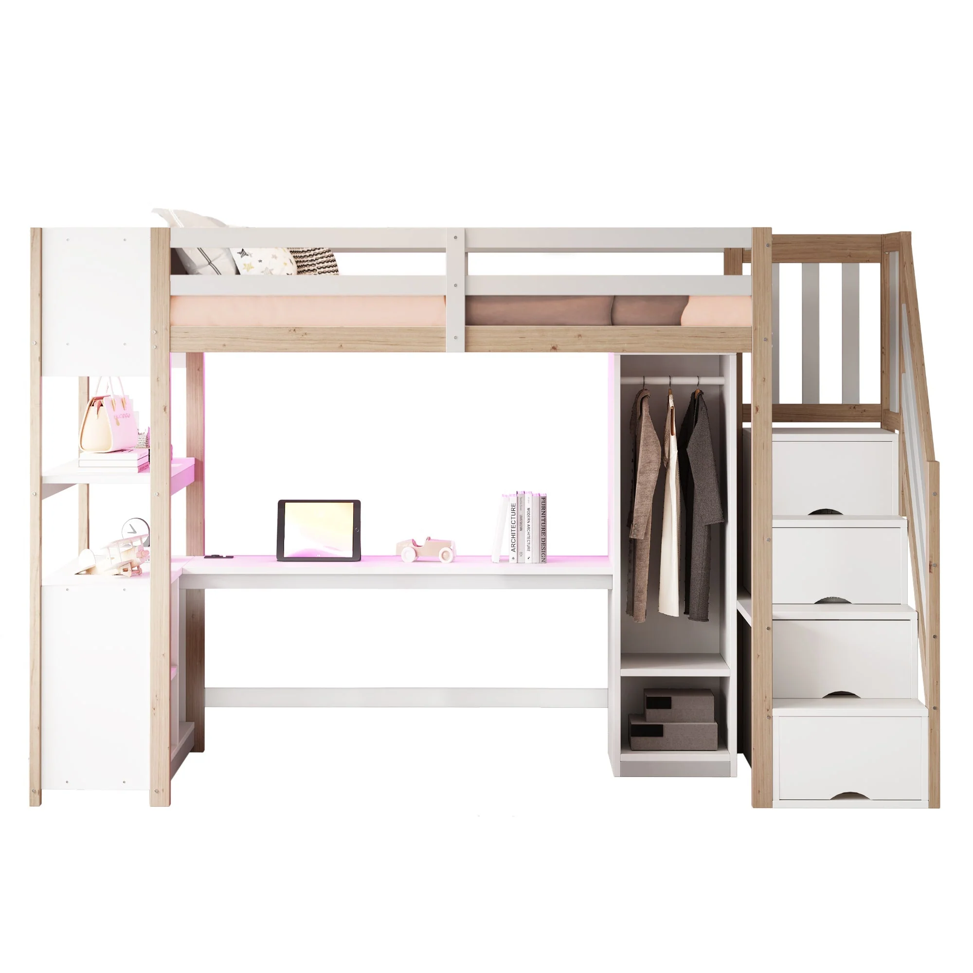 Wooden Loft Bed 90x200cm Wardrobe Desk Storage Stairs LED Sockets Wood Color - Image 9