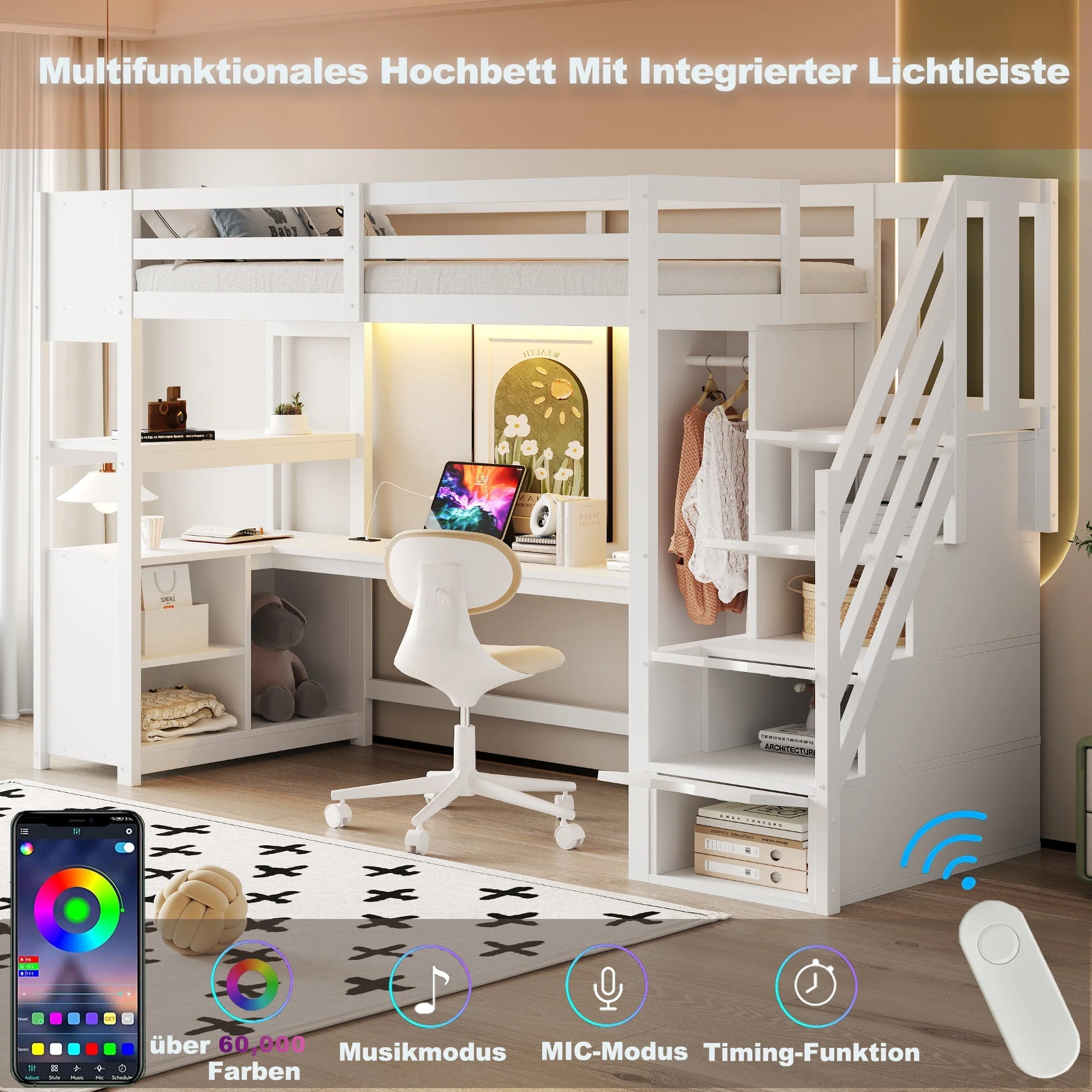 Wooden Loft Bed with Wardrobe, Desk, Storage Stairs, LED and Sockets, 90x200cm, White Pine + MDF - Image 5